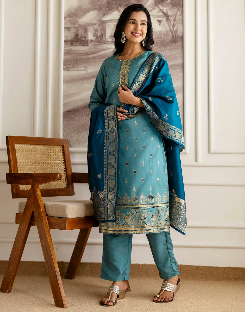 Silk Blend Embroidered Straight 3 Piece Kurta Set