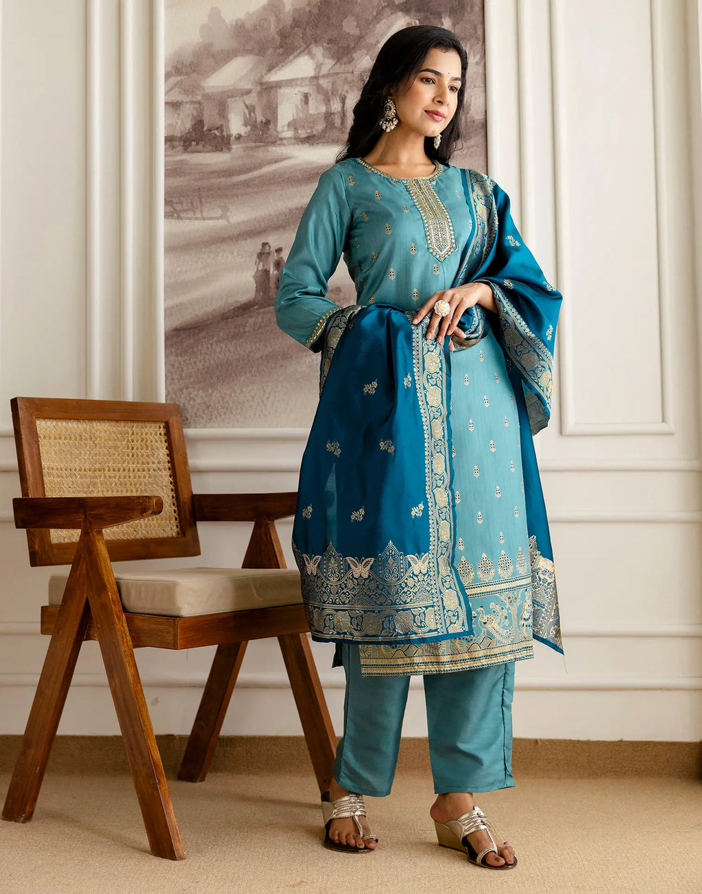 Silk Blend Embroidered Straight 3 Piece Kurta Set