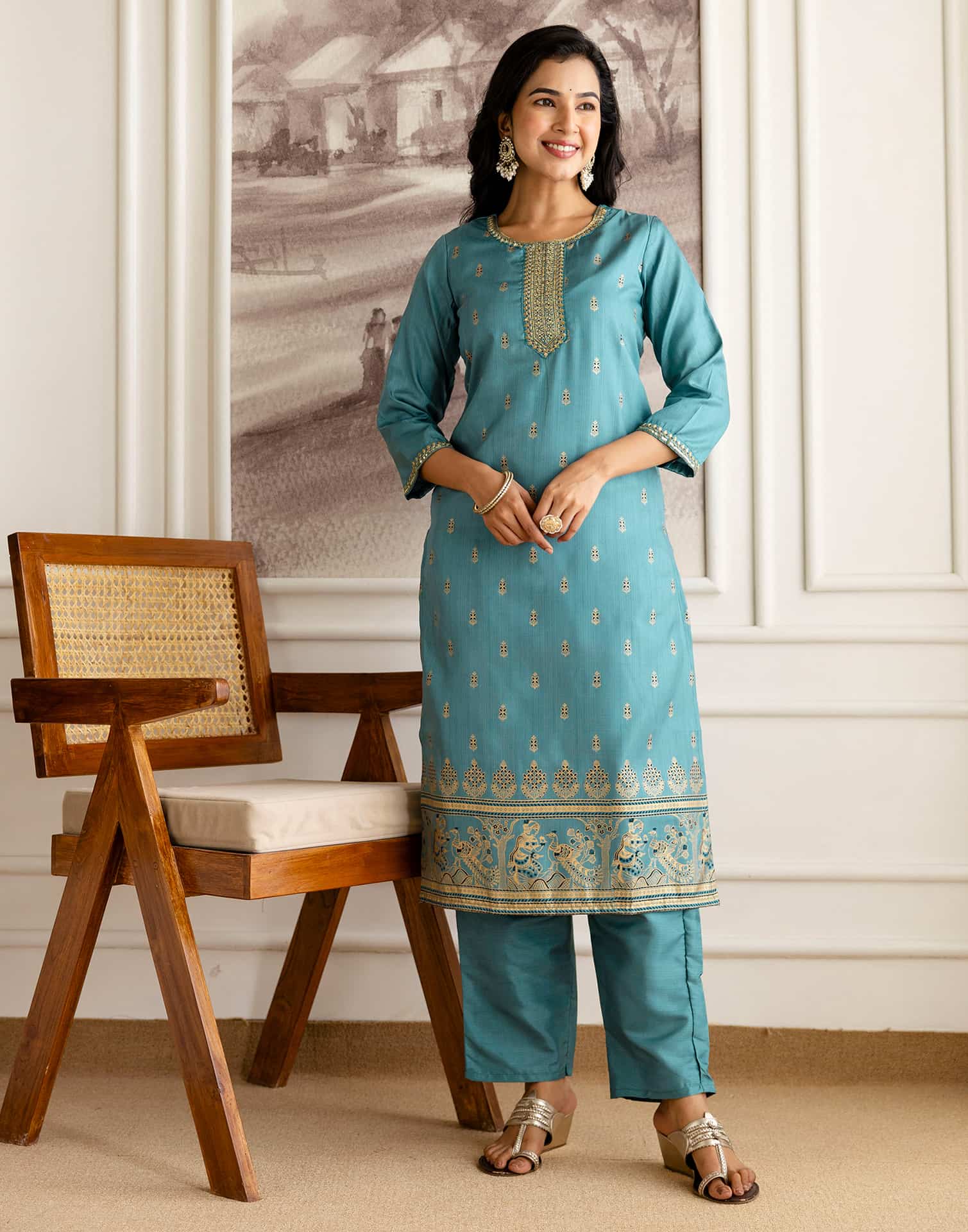 Blue Silk Embroidered Straight Kurta Set with Pant & Dupatt under 1299