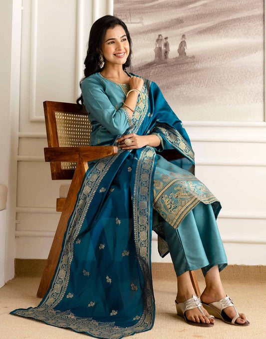 Blue Silk Embroidered Straight Kurta Set with Pant & Dupatt under 1299