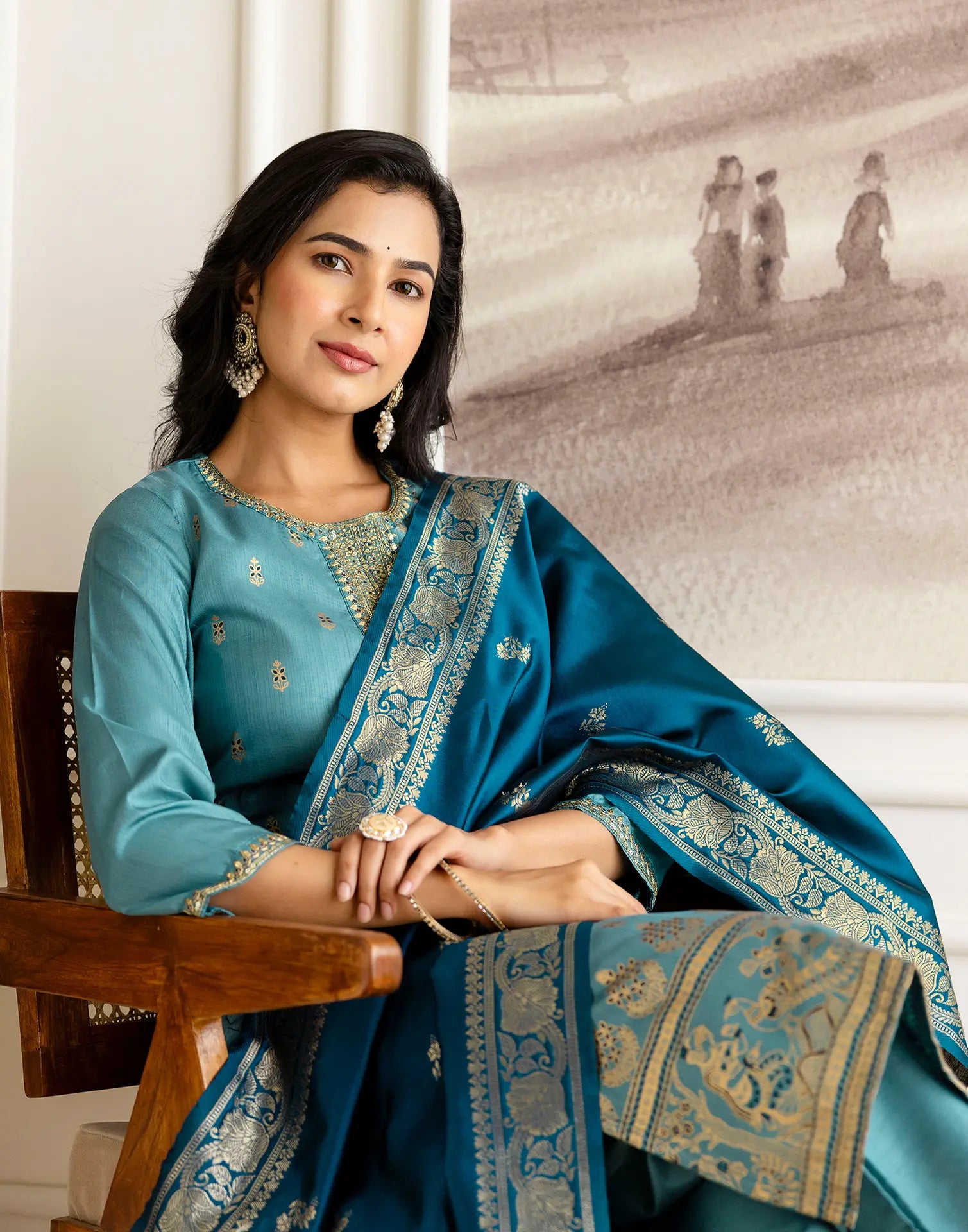 Silk Blend Embroidered Straight 3 Piece Kurta Set