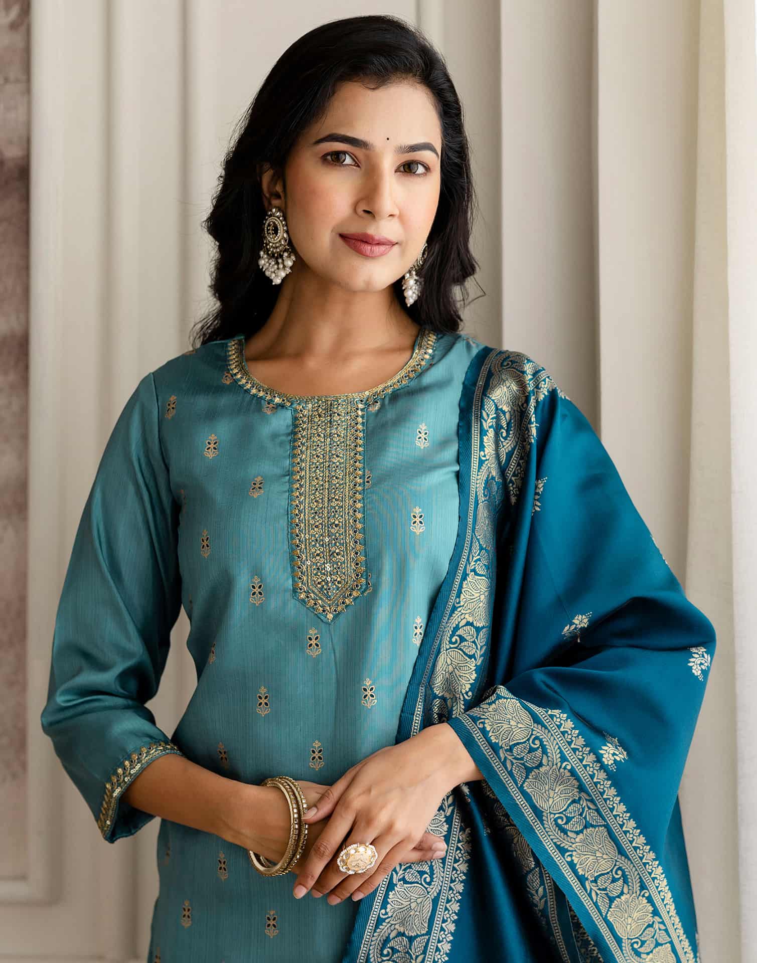 Blue Silk Embroidered Straight Kurta Set with Pant & Dupatt under 1299