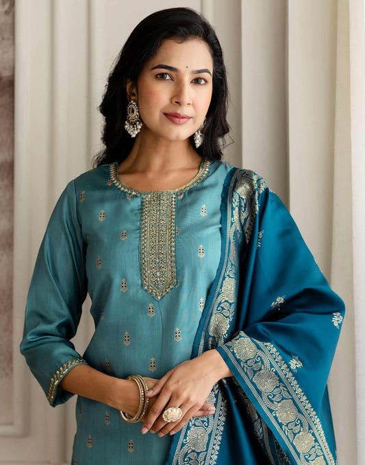 Blue Silk Embroidered Straight Kurta Set with Pant & Dupatt under 1299