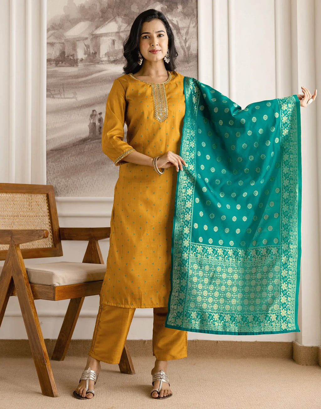 Silk Blend Embroidered Straight 3 Piece Kurta Set