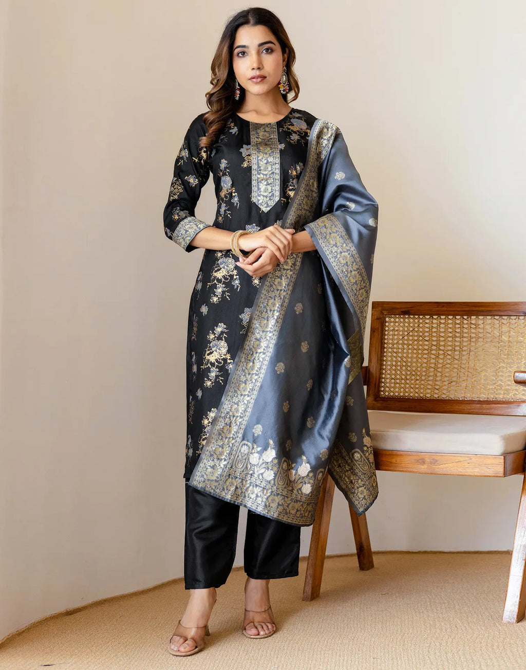 Silk Blend Foil Print Straight 3 Piece Kurta Set