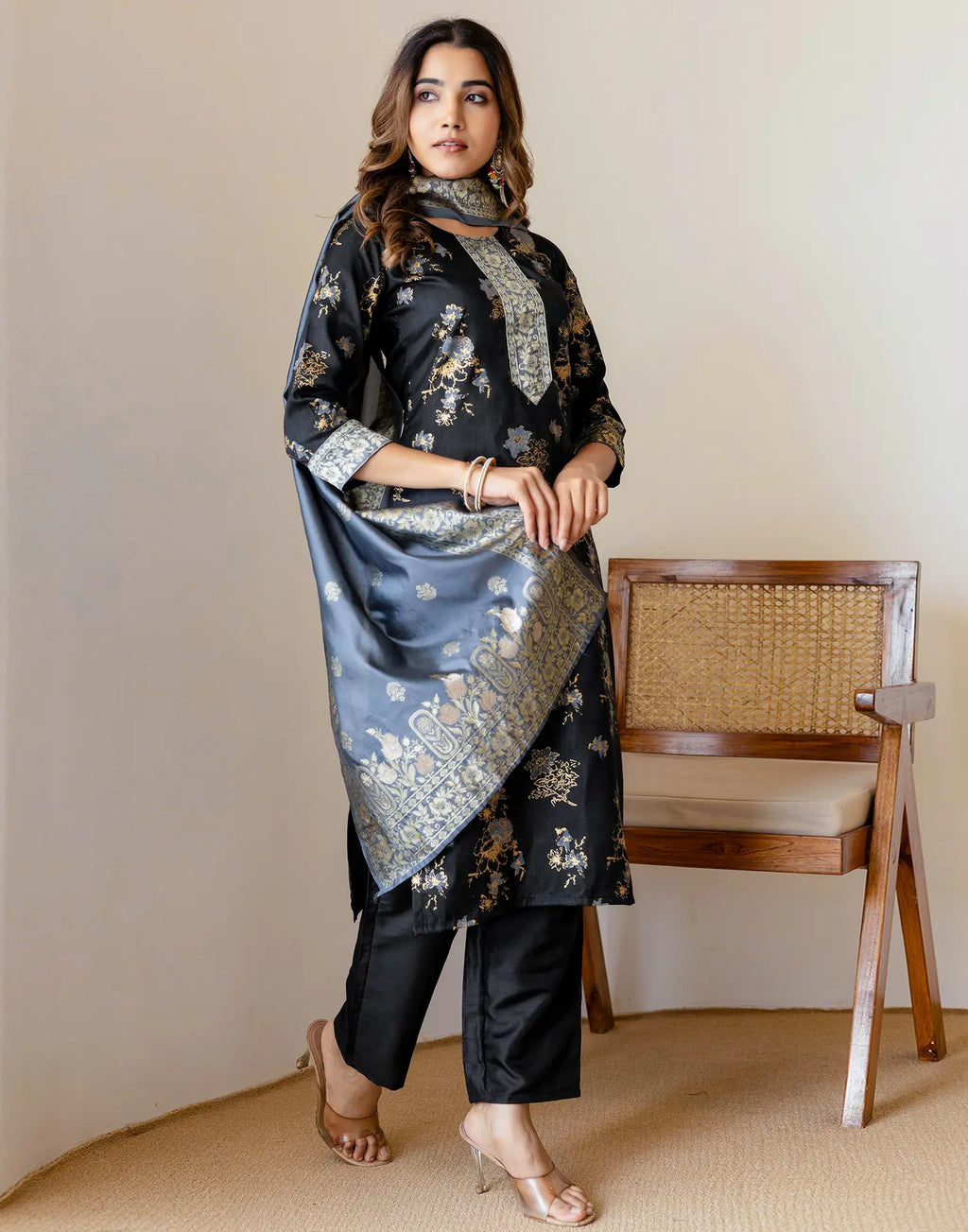 Silk Blend Foil Print Straight 3 Piece Kurta Set