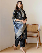 Silk Blend Foil Print Straight 3 Piece Kurta Set