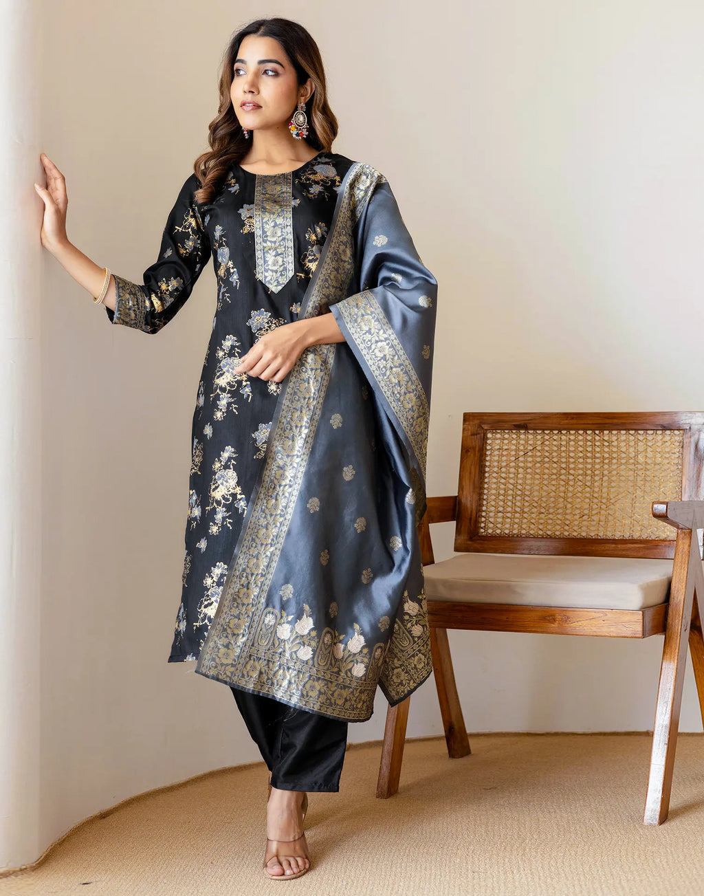 Silk Blend Foil Print Straight 3 Piece Kurta Set