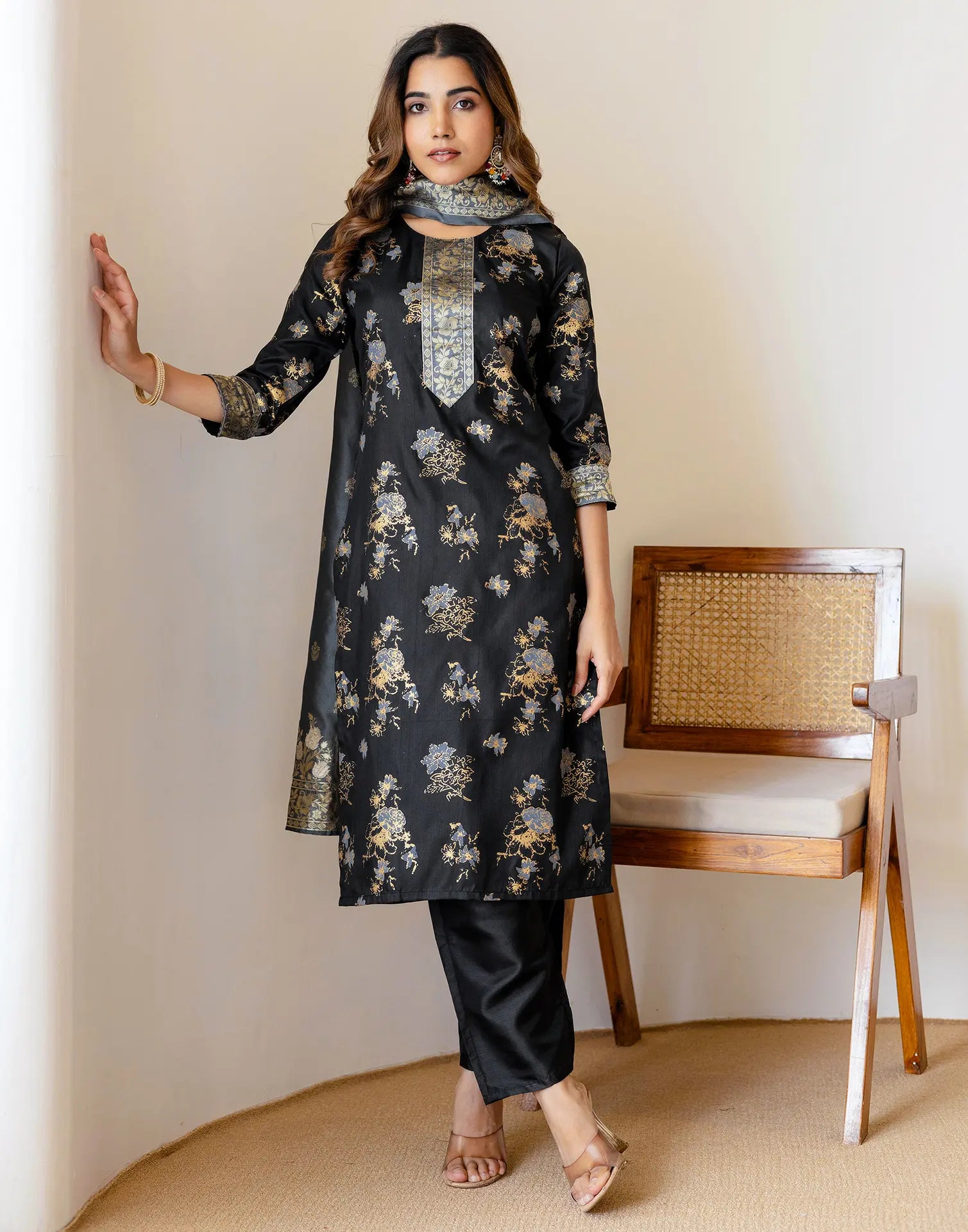 Silk Blend Foil Print Straight 3 Piece Kurta Set