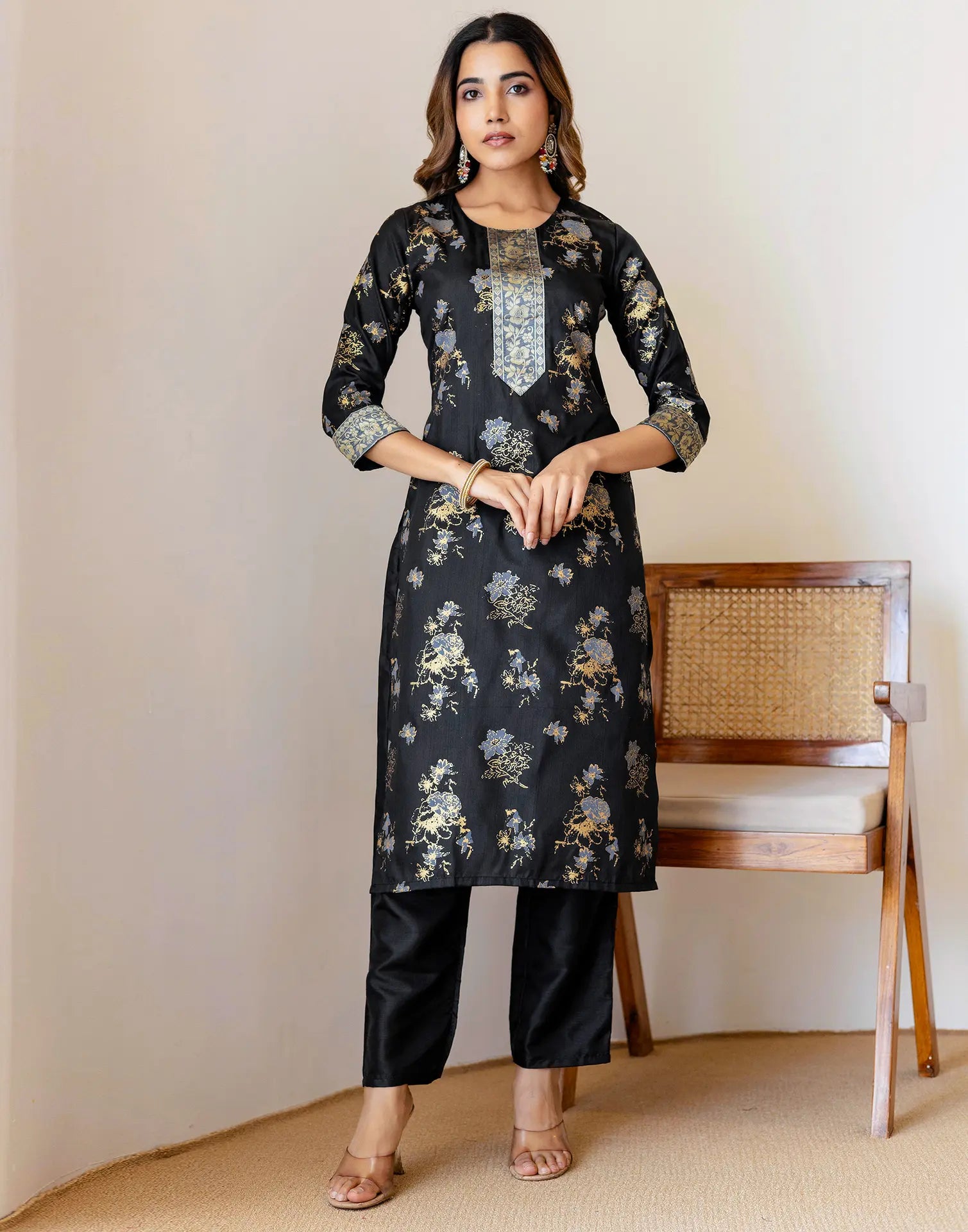 Silk Blend Foil Print Straight 3 Piece Kurta Set