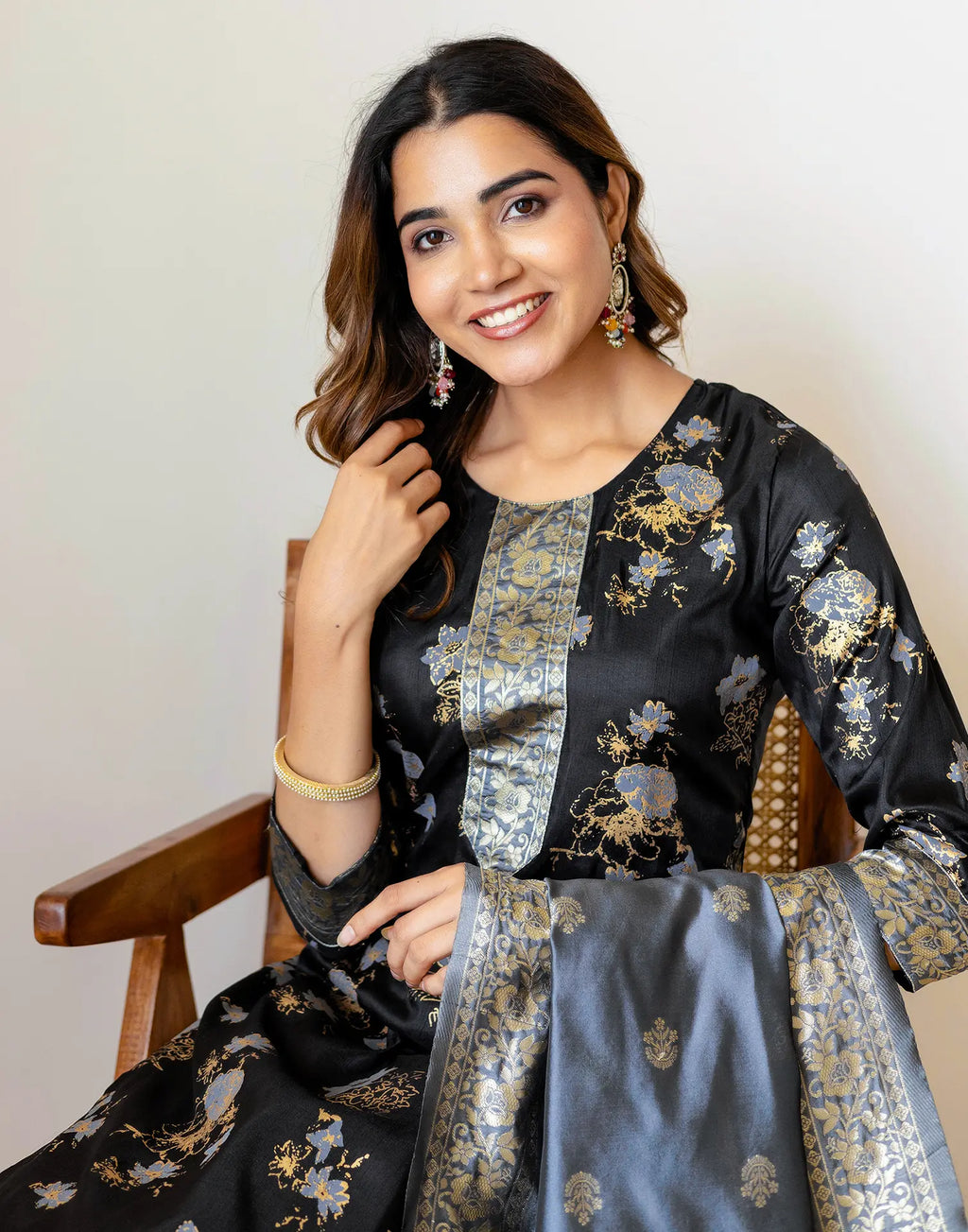 Silk Blend Foil Print Straight 3 Piece Kurta Set