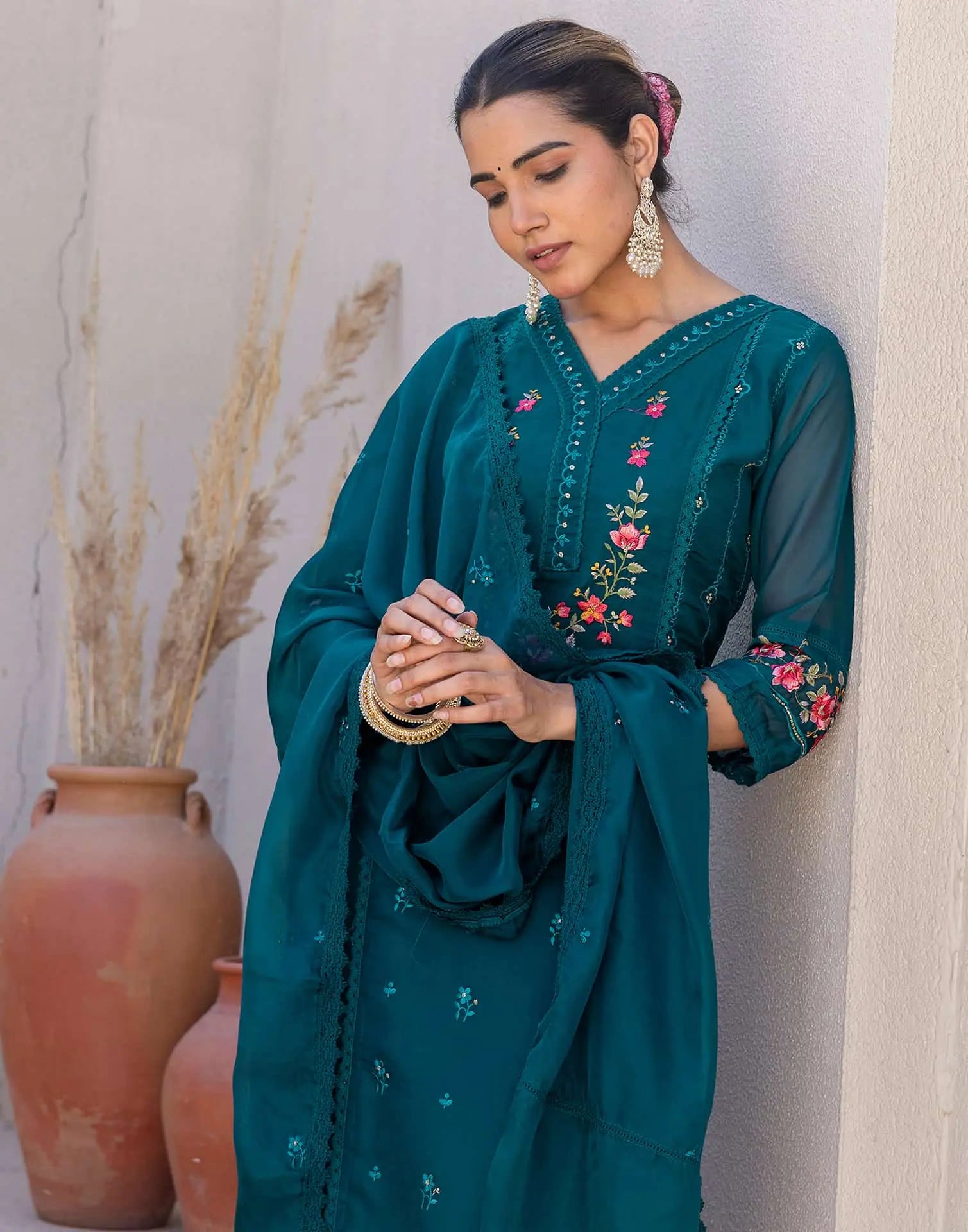 Blue Silk Blend Embroidery Straight Kurta Set for Women with Pant & Dupatta