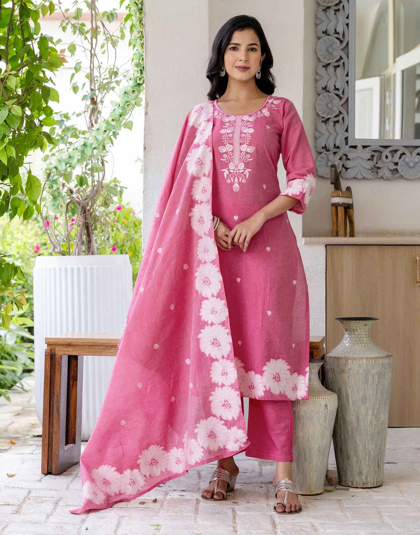 Cotton Straight Woven Design Round Neck Kurta with Pant & Dupatta