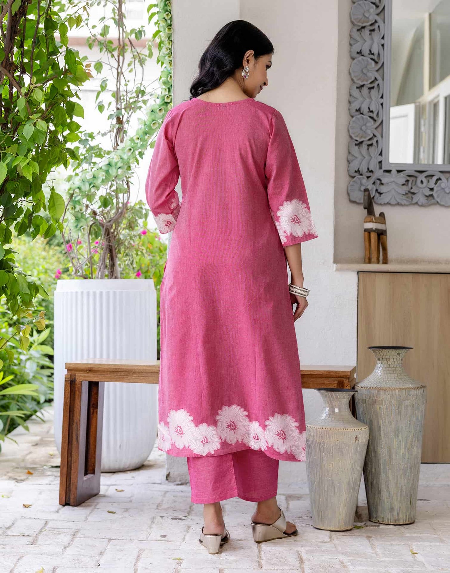 Cotton Straight Woven Design Round Neck Kurta with Pant & Dupatta