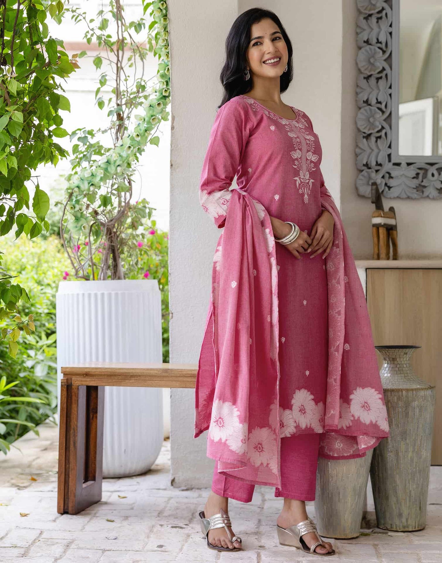 Cotton Straight Woven Design Round Neck Kurta with Pant & Dupatta