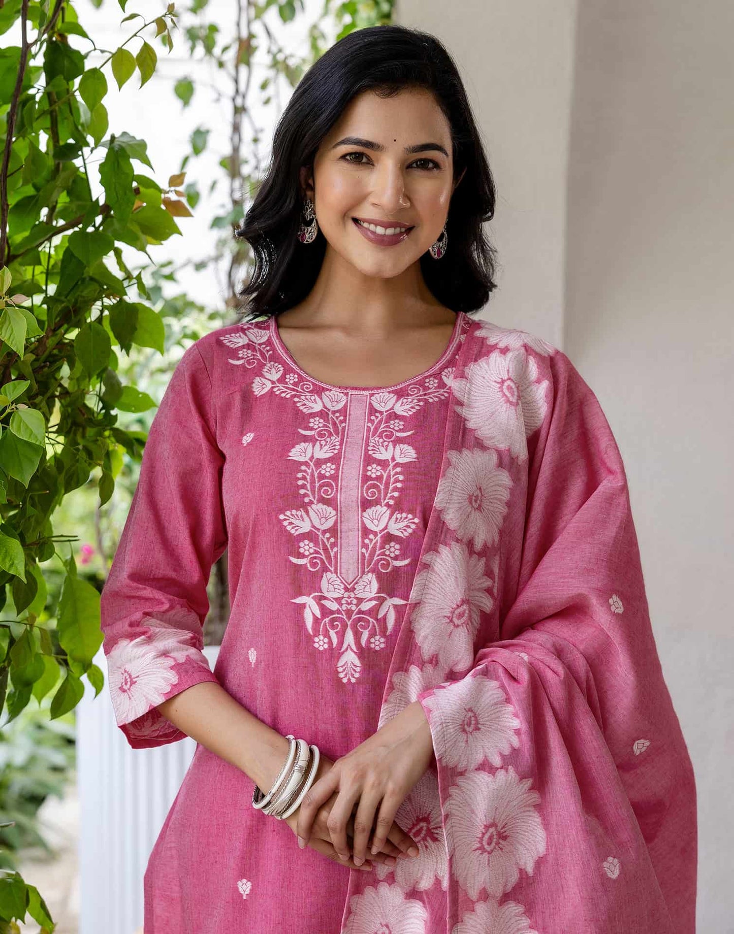 Cotton Straight Woven Design Round Neck Kurta with Pant & Dupatta