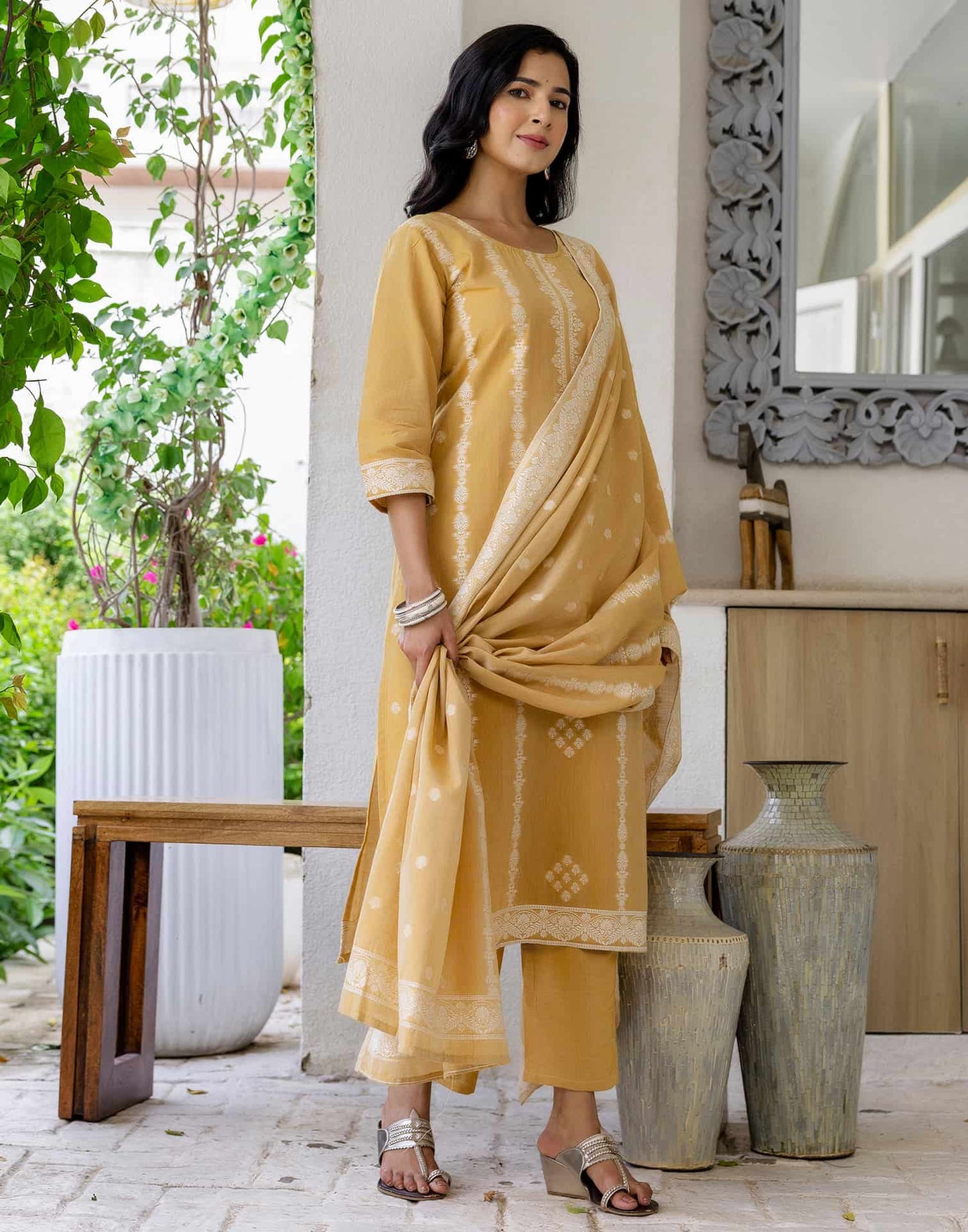 Yellow Cotton Straight Kurta Set with Pant and Dupatta under 1250 