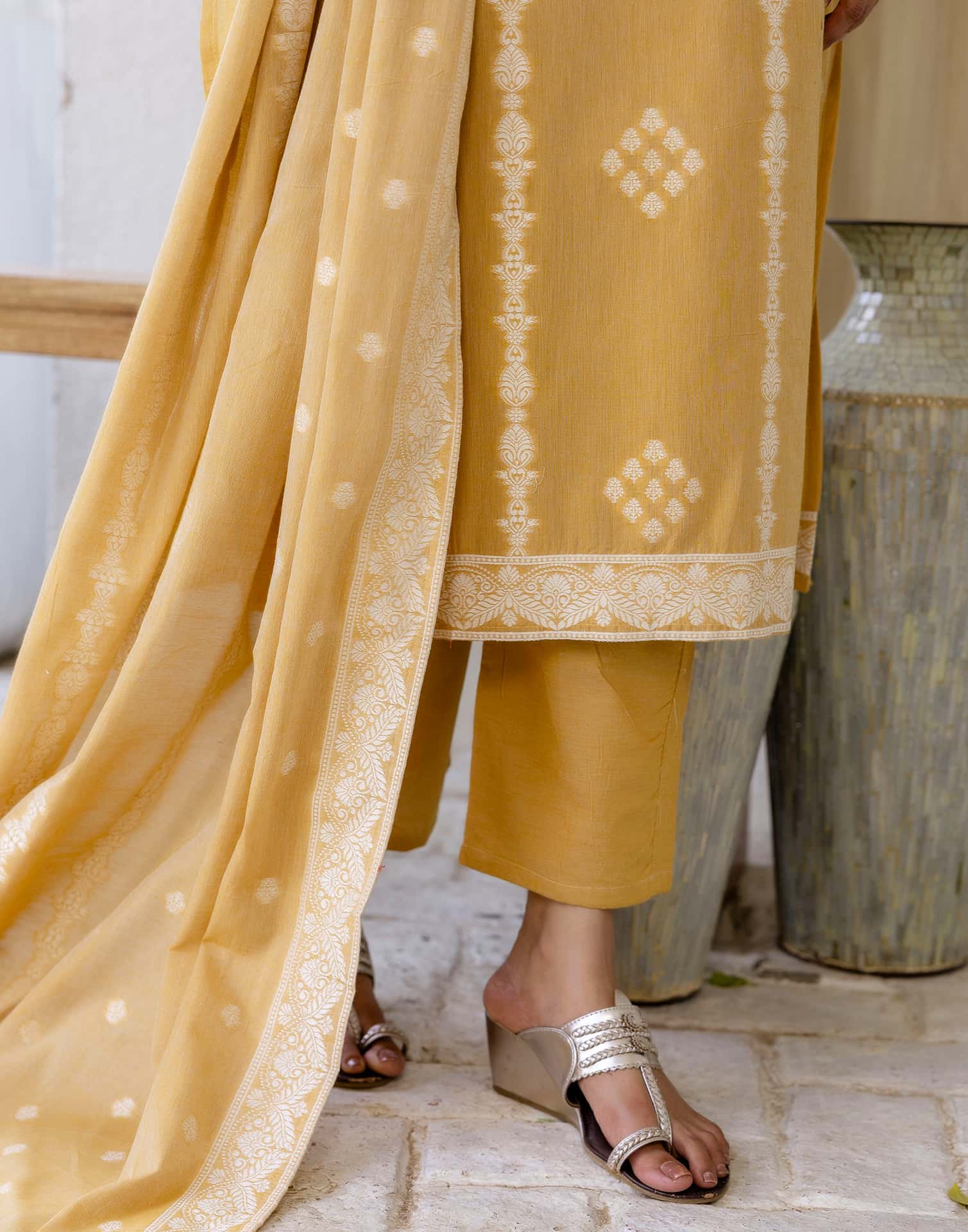 Yellow Cotton Straight Kurta Set with Pant and Dupatta under 1250 