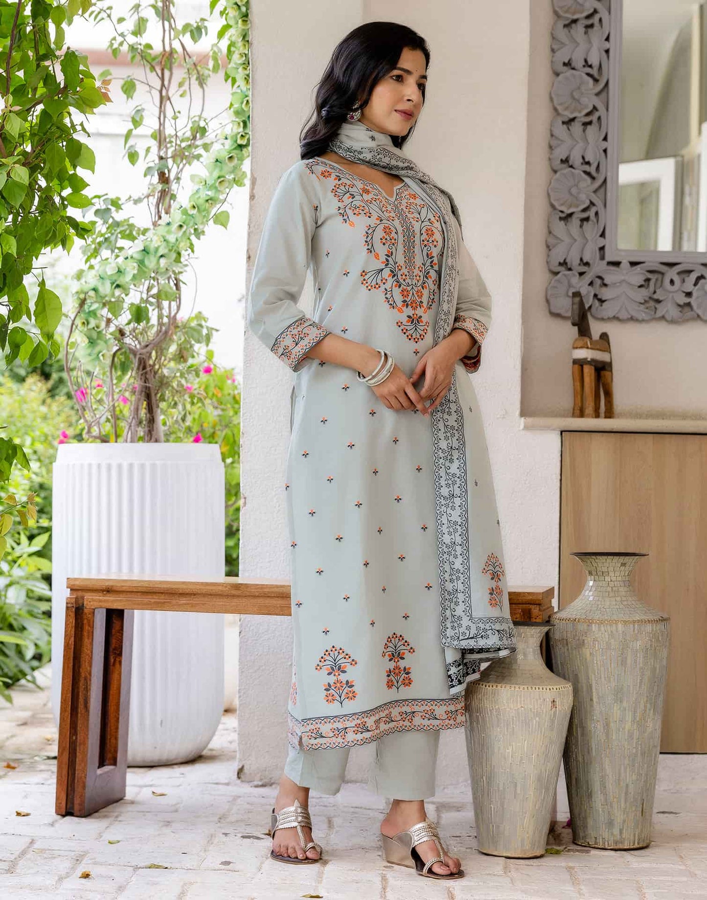 Grey Cotton Woven Straight Kurta Set with Pant & Dupatta under 1250 