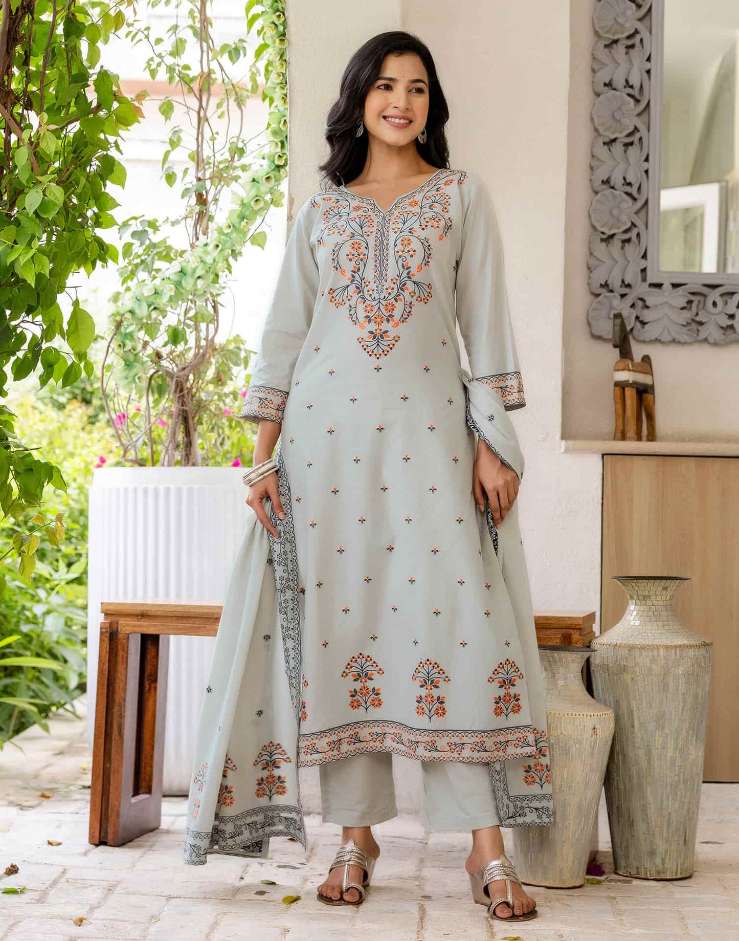Grey Cotton Woven Straight Kurta Set with Pant & Dupatta under 1250 
