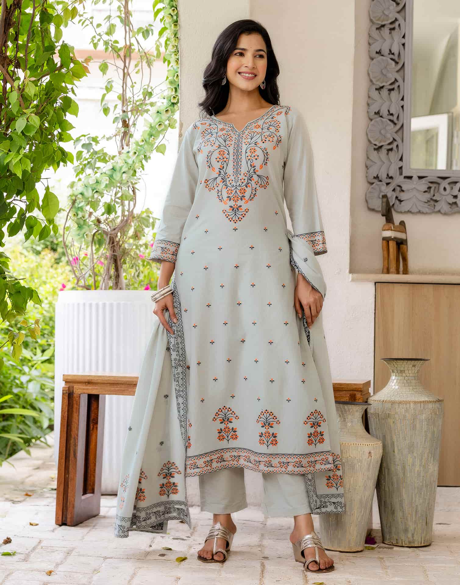 Grey Cotton Woven Straight Kurta Set with Pant & Dupatta under 1250 