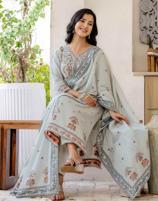 Grey Cotton Woven Straight Kurta Set with Pant & Dupatta under 1250 