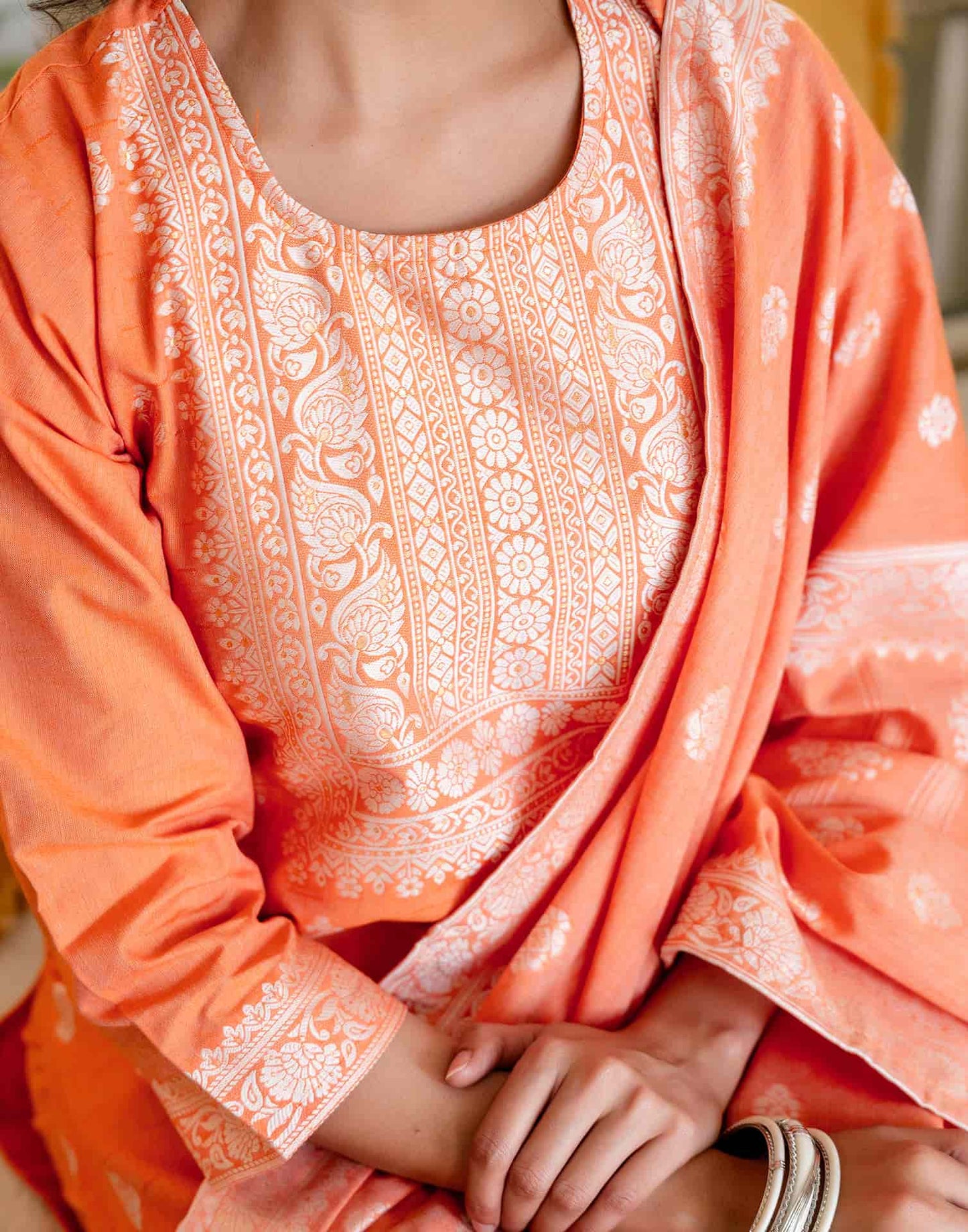 Orange Cotton Woven Straight Kurta Set with Pant & Dupatta under 1250 
