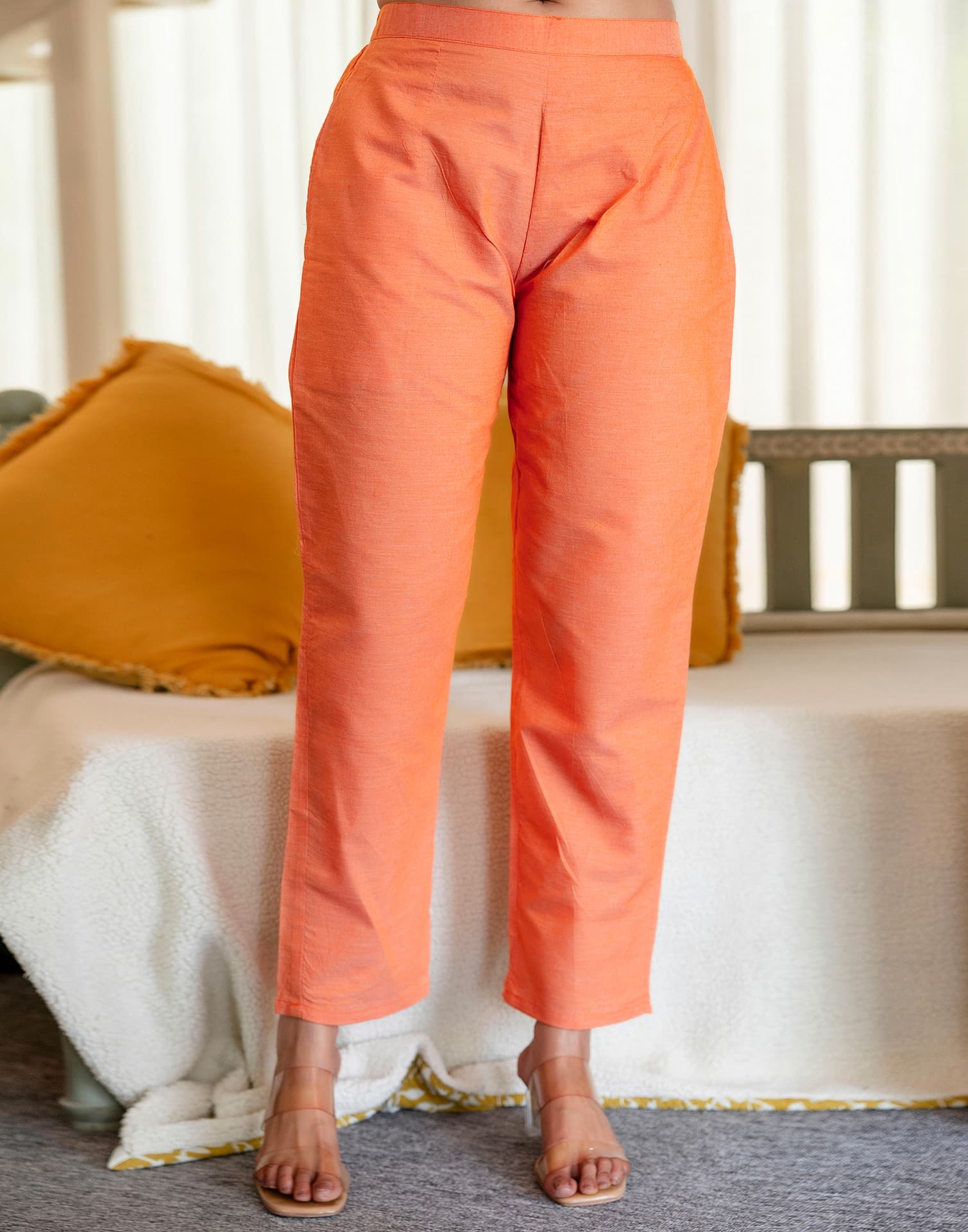 Orange Cotton Woven Straight Kurta Set with Pant & Dupatta under 1250 