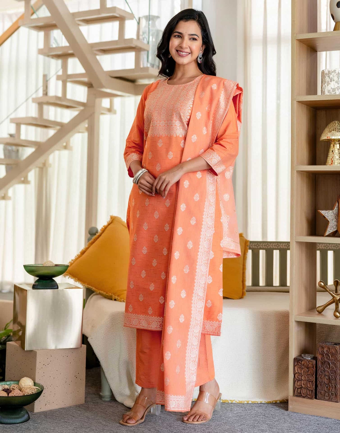 Orange Cotton Woven Straight Kurta Set with Pant & Dupatta under 1250 