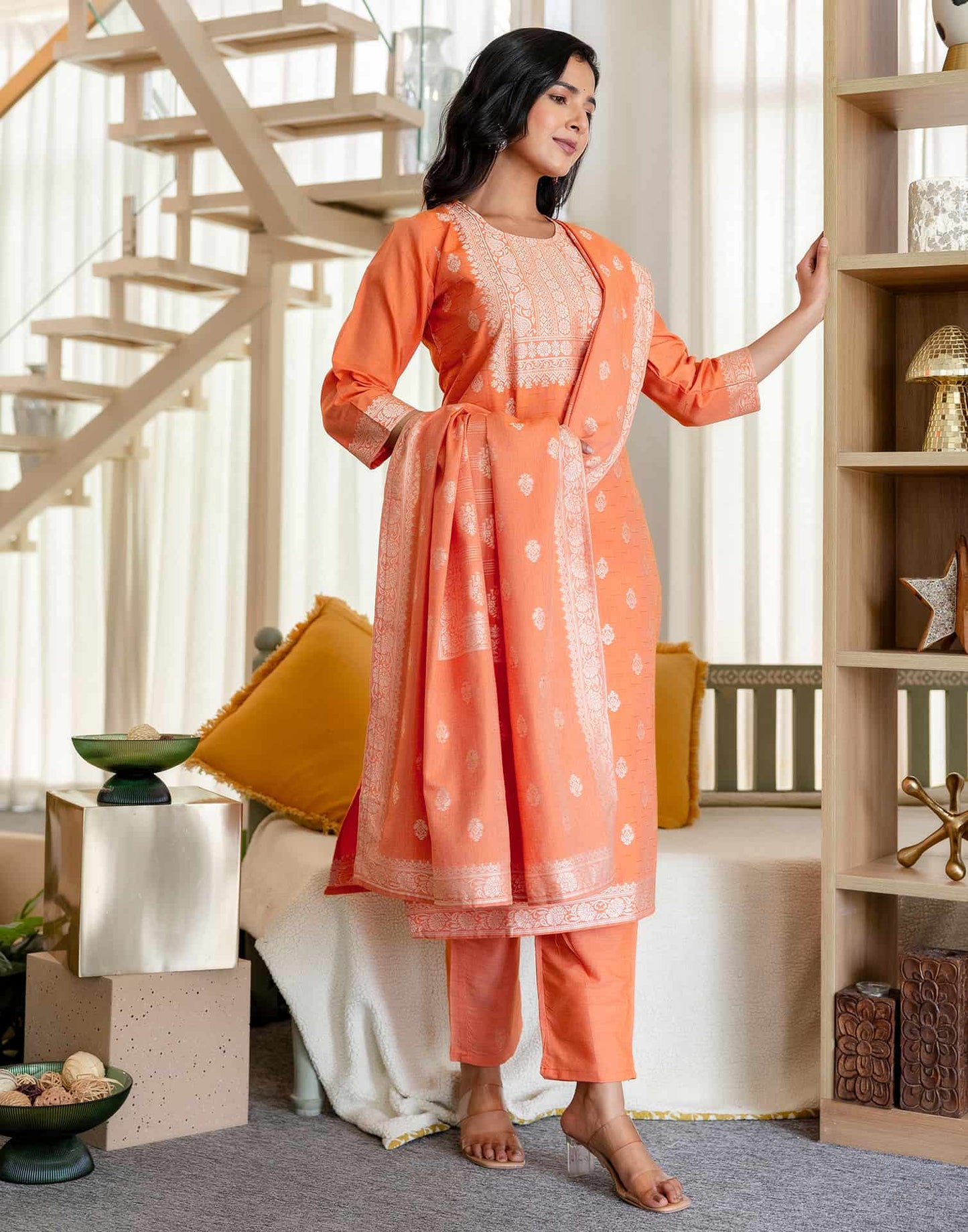Orange Cotton Woven Straight Kurta Set with Pant & Dupatta under 1250 