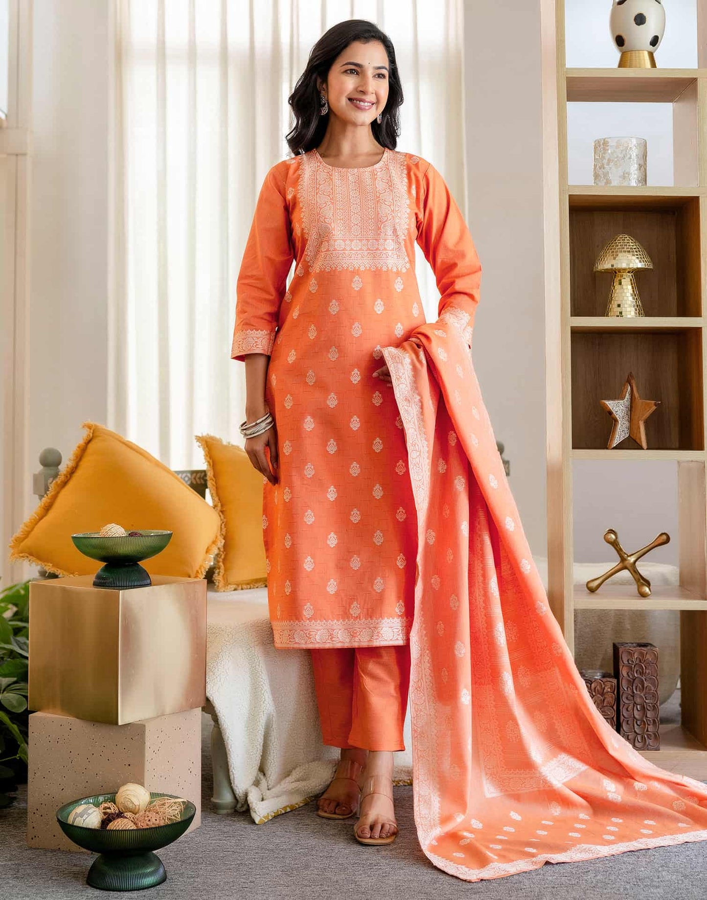 Orange Cotton Woven Straight Kurta Set with Pant & Dupatta under 1250 