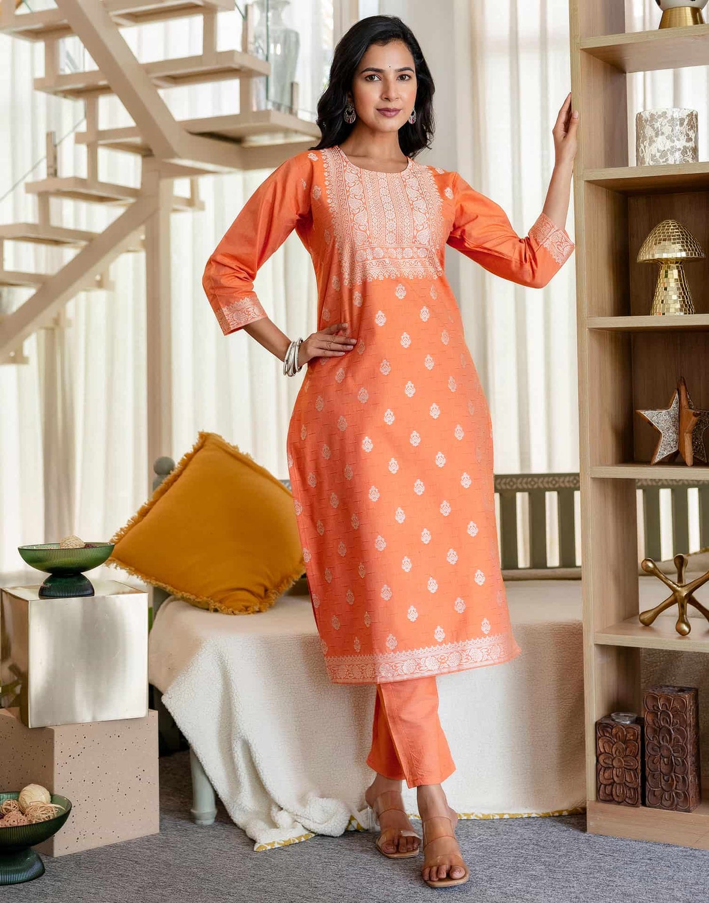 Orange Cotton Woven Straight Kurta Set with Pant & Dupatta under 1250 