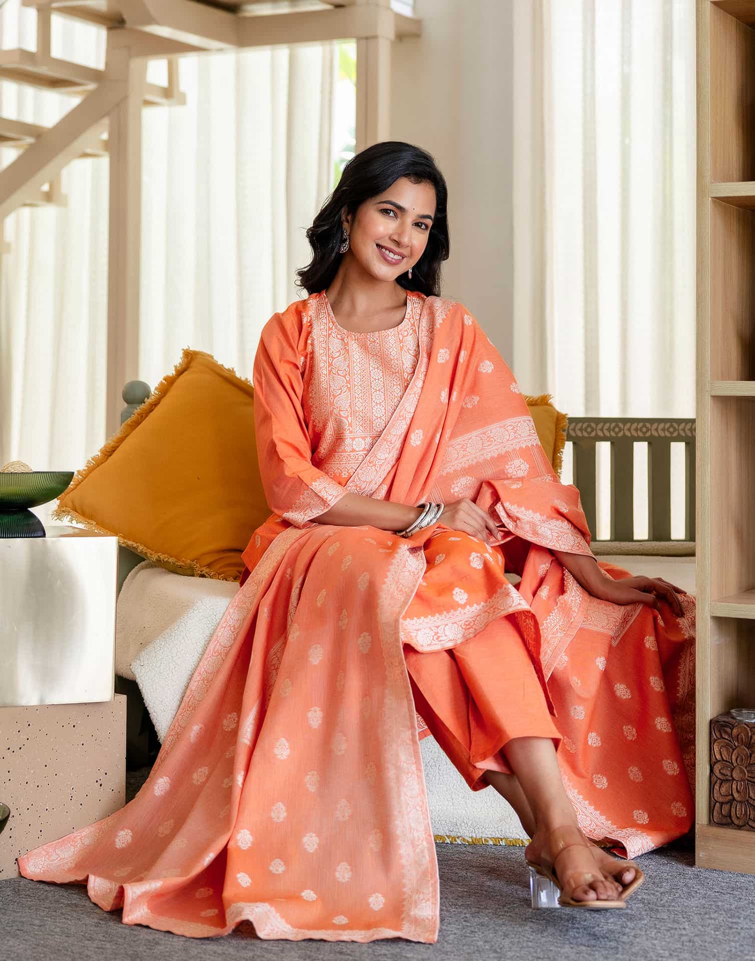 Orange Cotton Woven Straight Kurta Set with Pant & Dupatta under 1250 