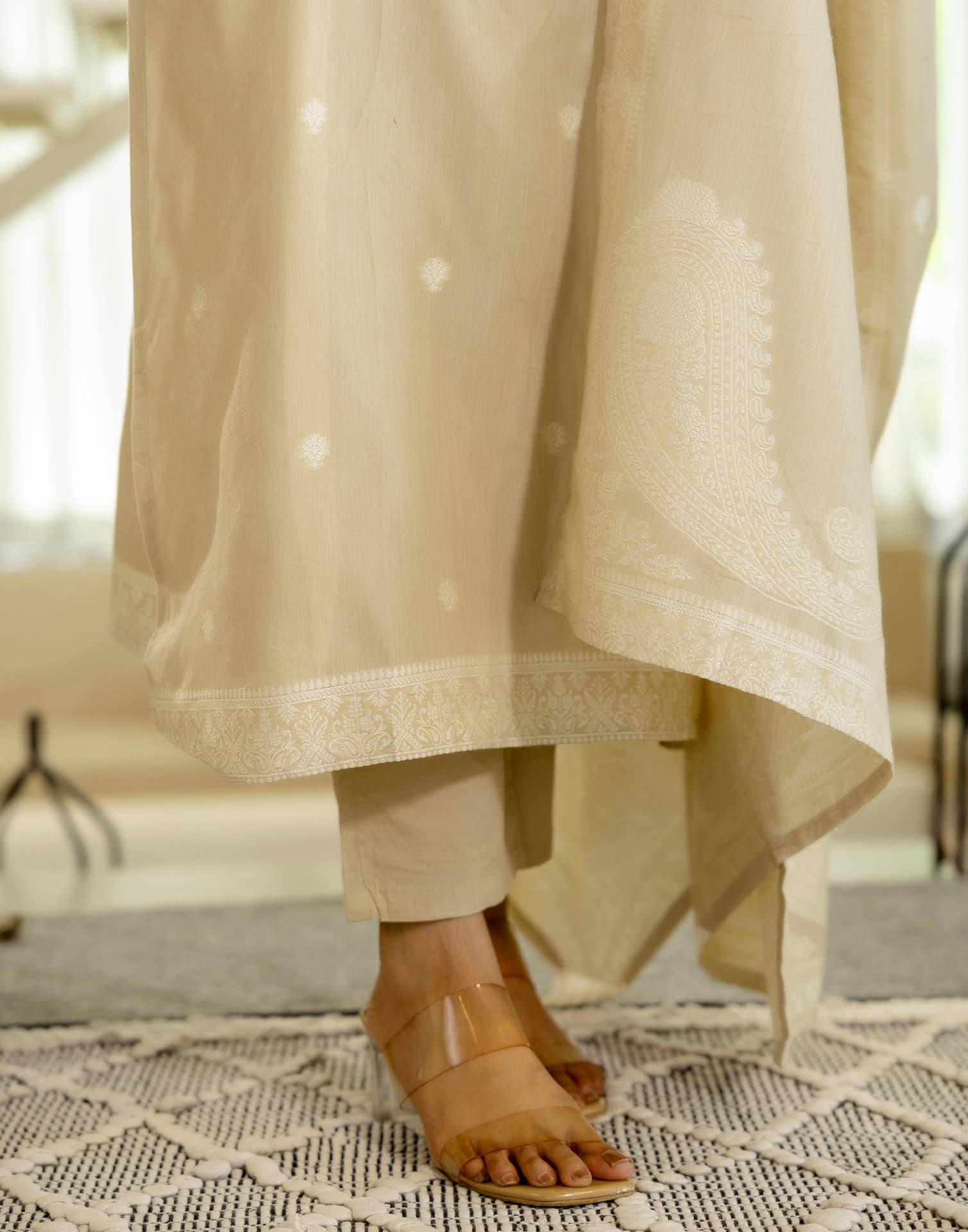 Beige Cotton Woven Straight Kurta Set with Pant & Dupatta under 1250