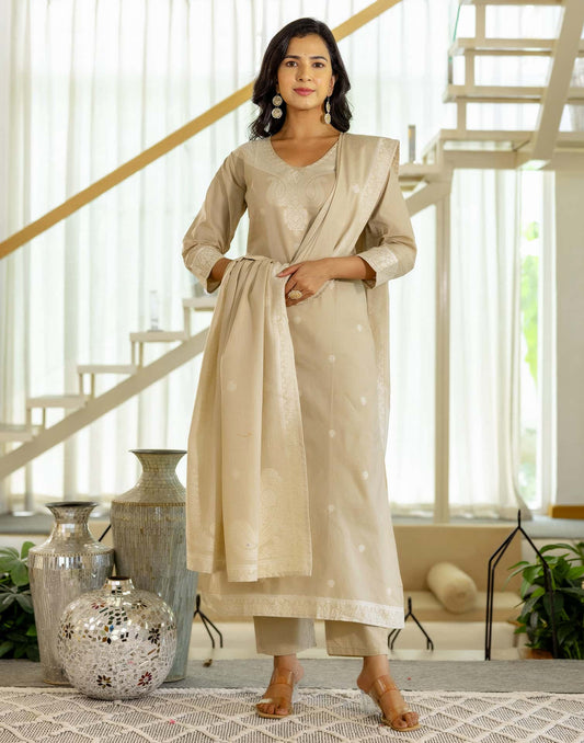 Beige Cotton Woven Straight Kurta Set with Pant & Dupatta under 1250