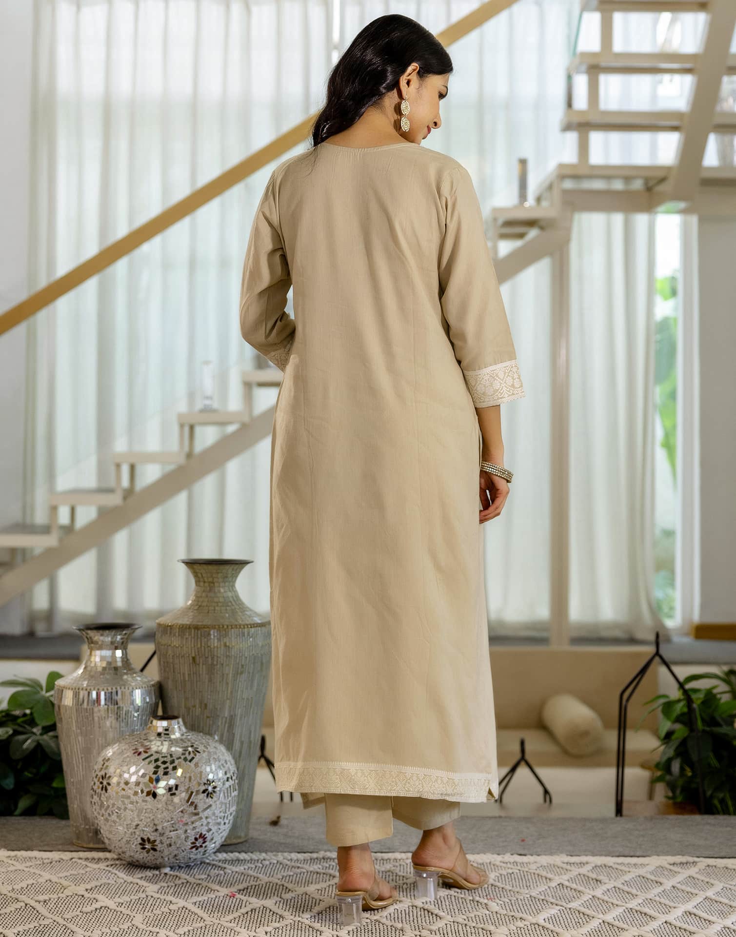 Beige Cotton Woven Straight Kurta Set with Pant & Dupatta under 1250