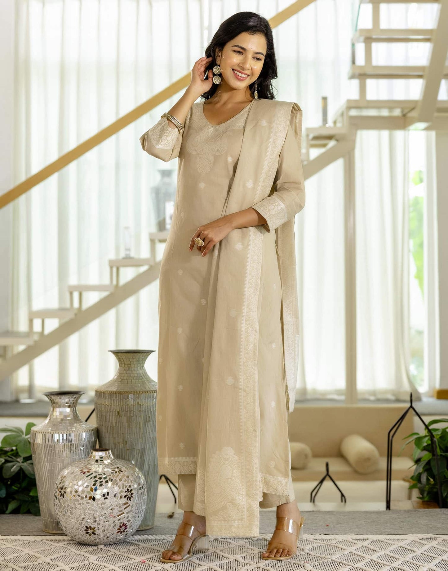 Beige Cotton Woven Straight Kurta Set with Pant & Dupatta under 1250