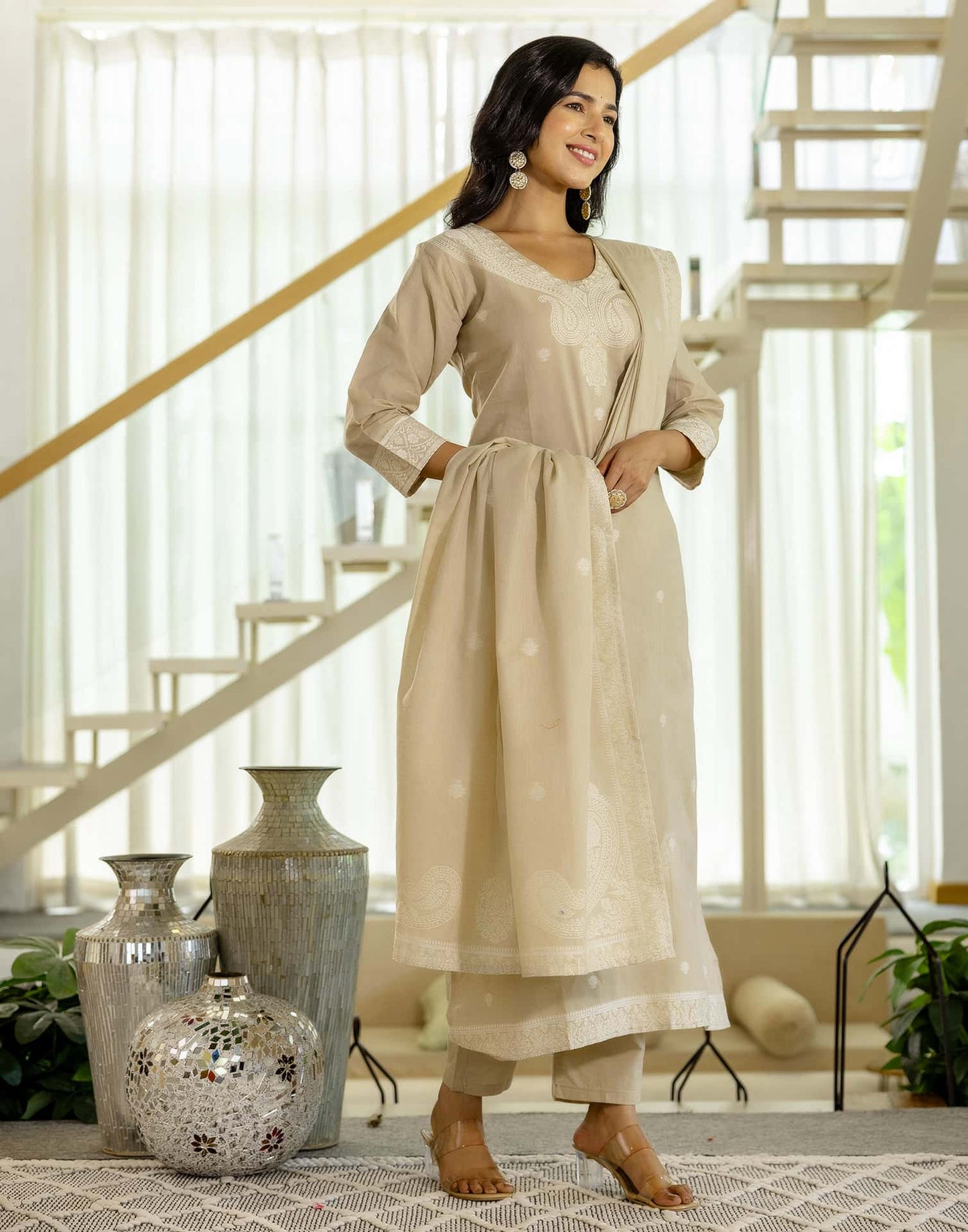 Beige Cotton Woven Straight Kurta Set with Pant & Dupatta under 1250