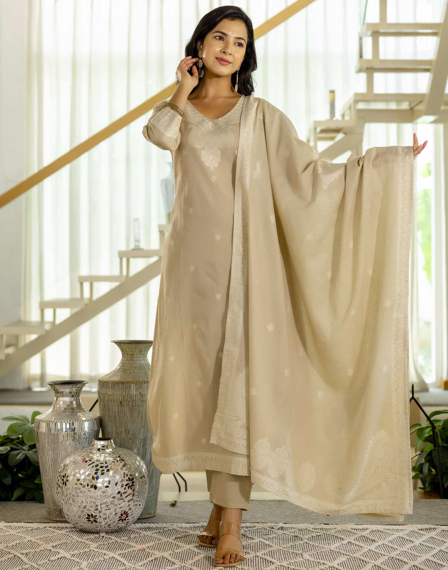 Beige Cotton Woven Straight Kurta Set with Pant & Dupatta under 1250
