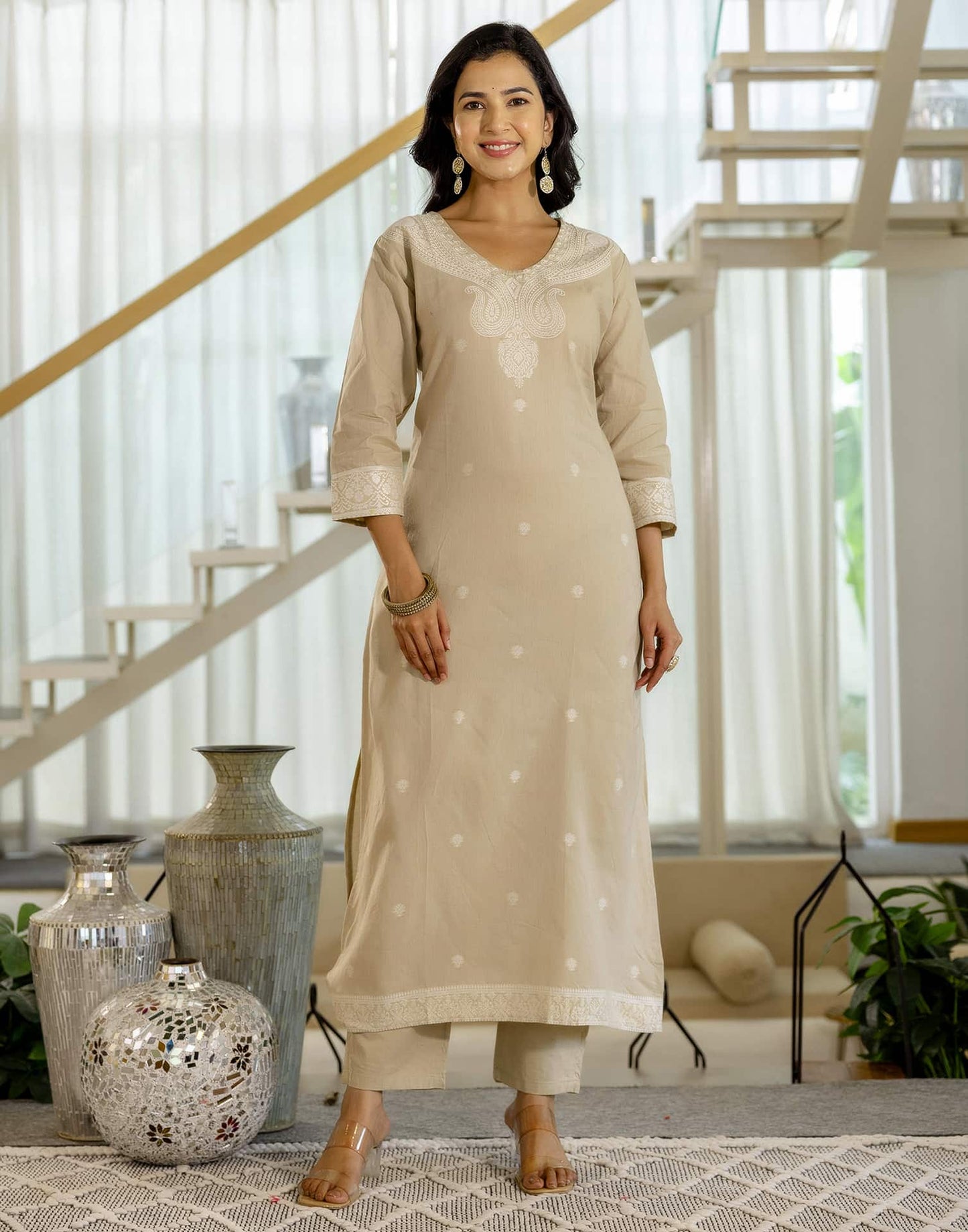 Beige Cotton Woven Straight Kurta Set with Pant & Dupatta under 1250