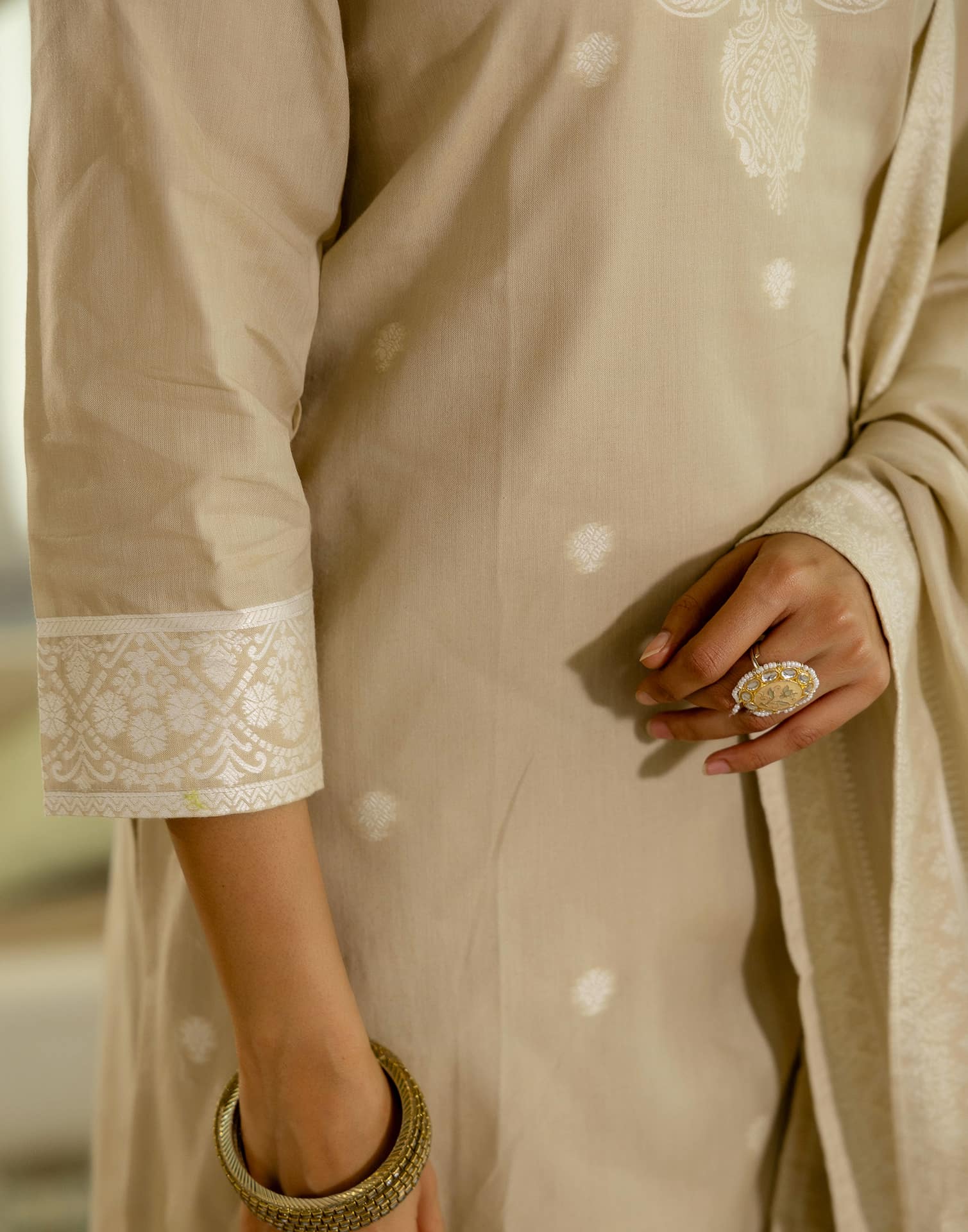 Beige Cotton Woven Straight Kurta Set with Pant & Dupatta under 1250