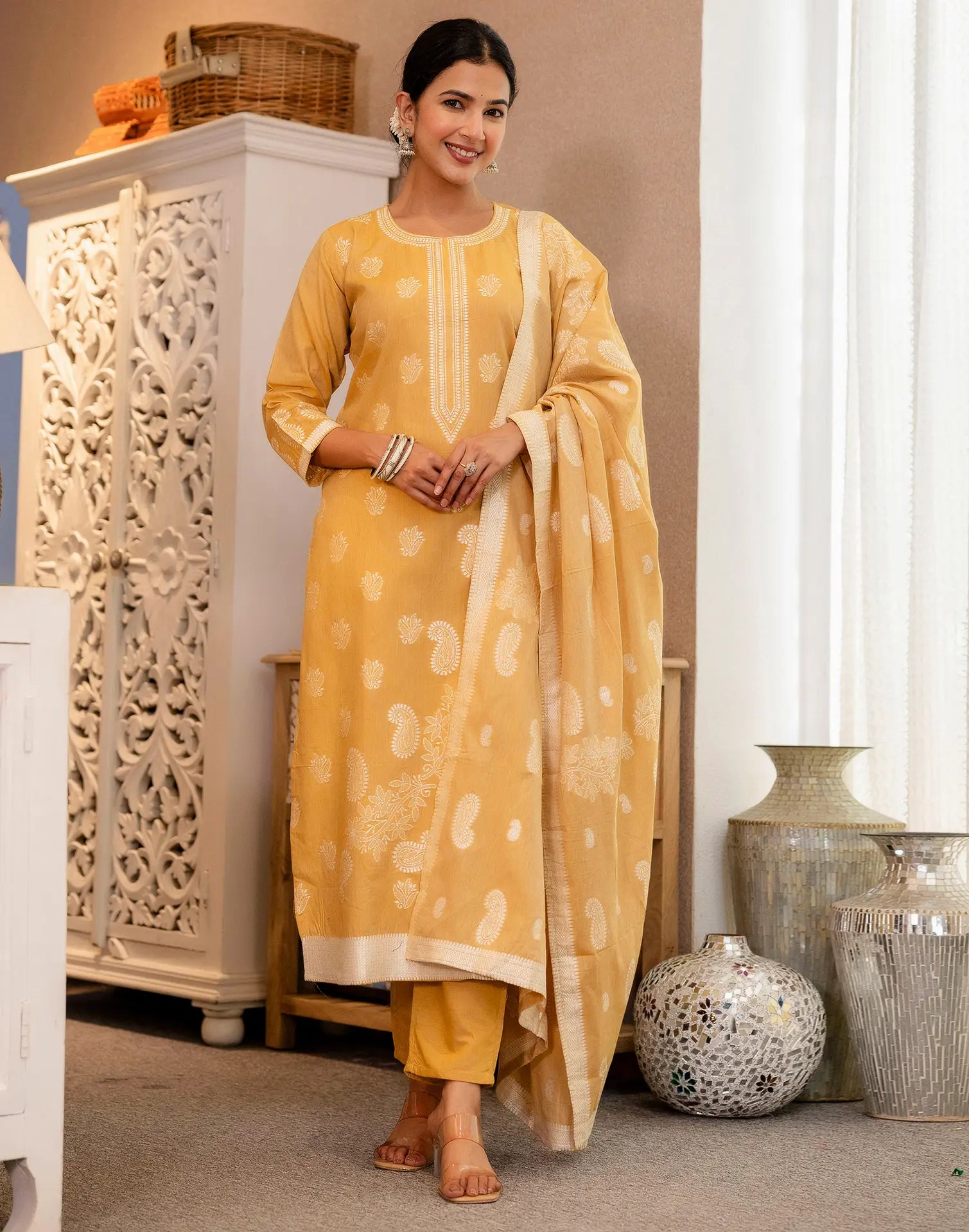 Cotton Woven Woven Straight 3 Piece Kurta Set