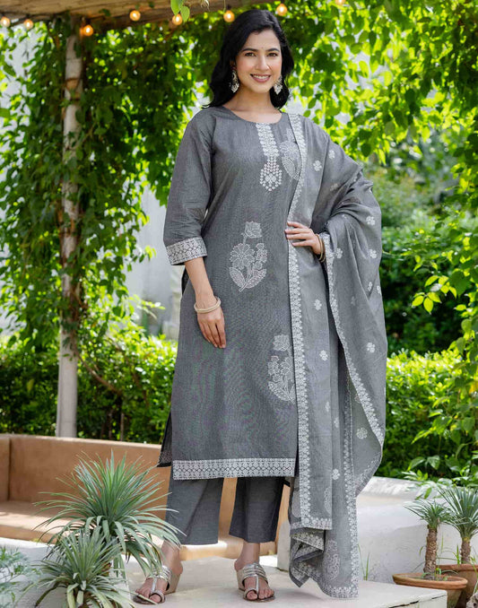 Grey Cotton Woven Straight Kurta Set with Pant & Dupatta under 1250 