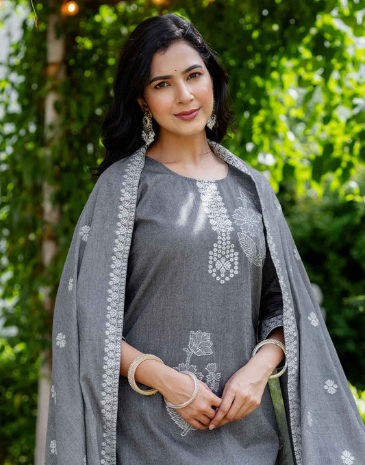 Grey Cotton Woven Straight Kurta Set with Pant & Dupatta under 1250 