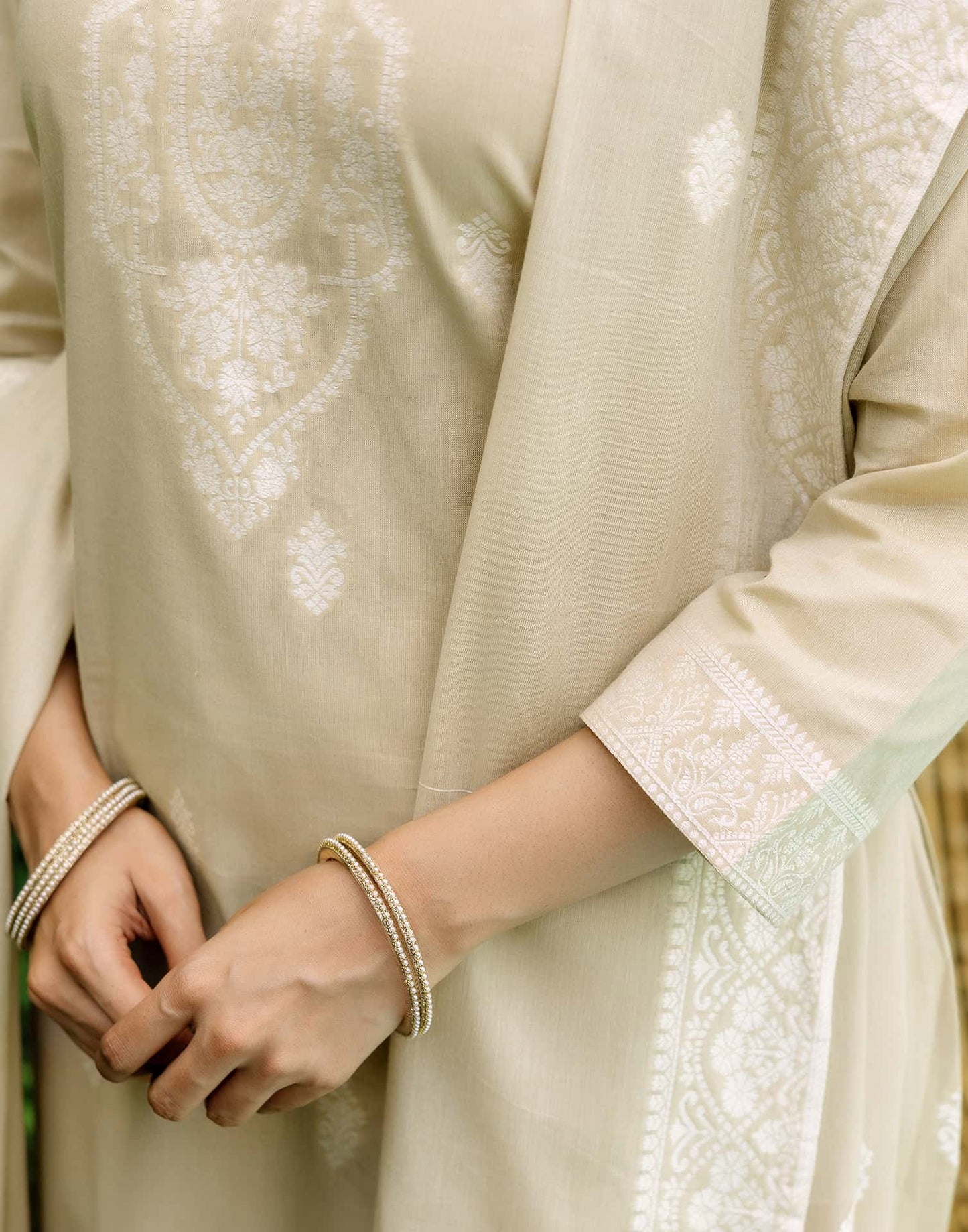 Beige Cotton Woven Straight Kurta Set with Pant & Dupatta under 1250