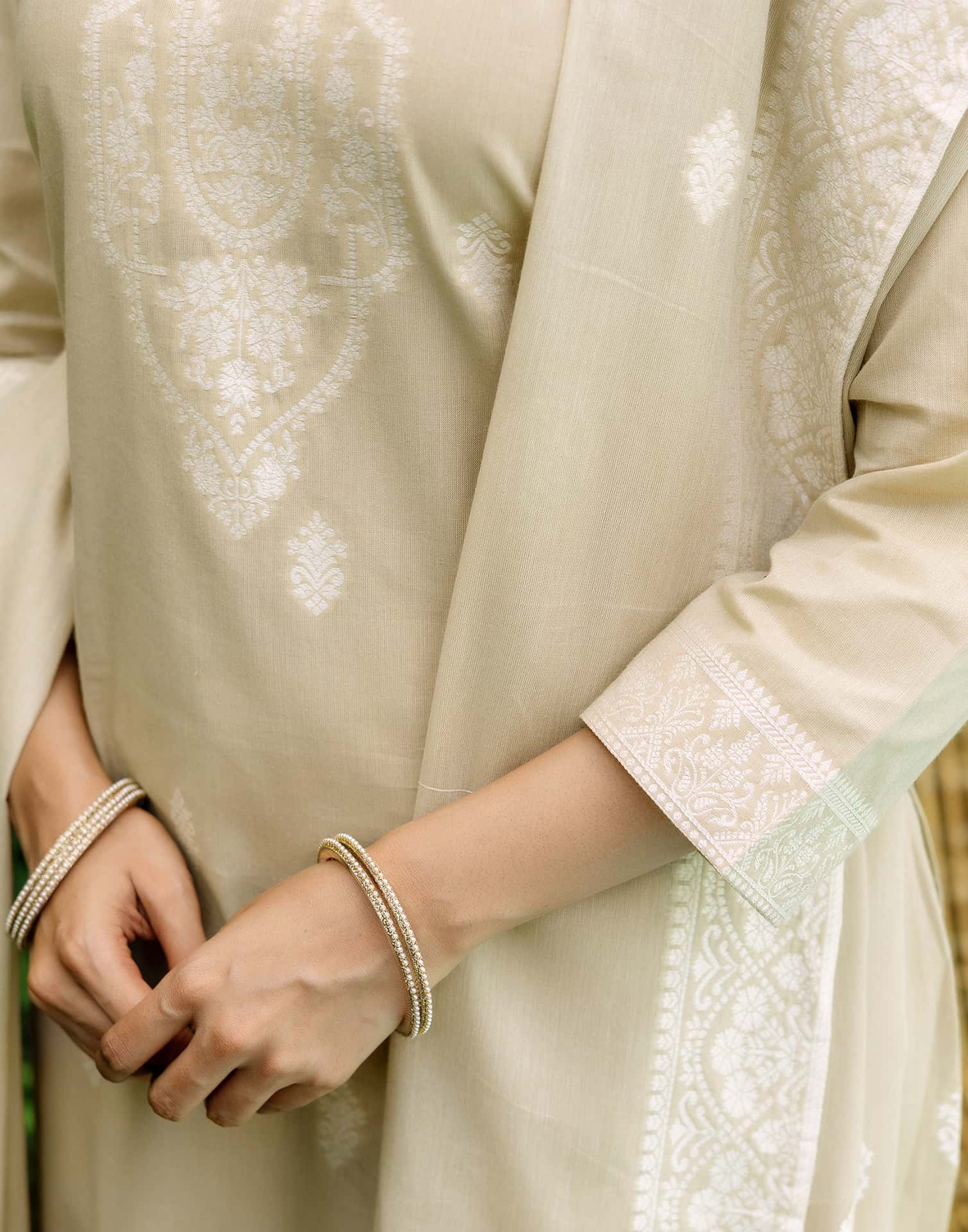 Beige Cotton Woven Straight Kurta Set with Pant & Dupatta under 1250