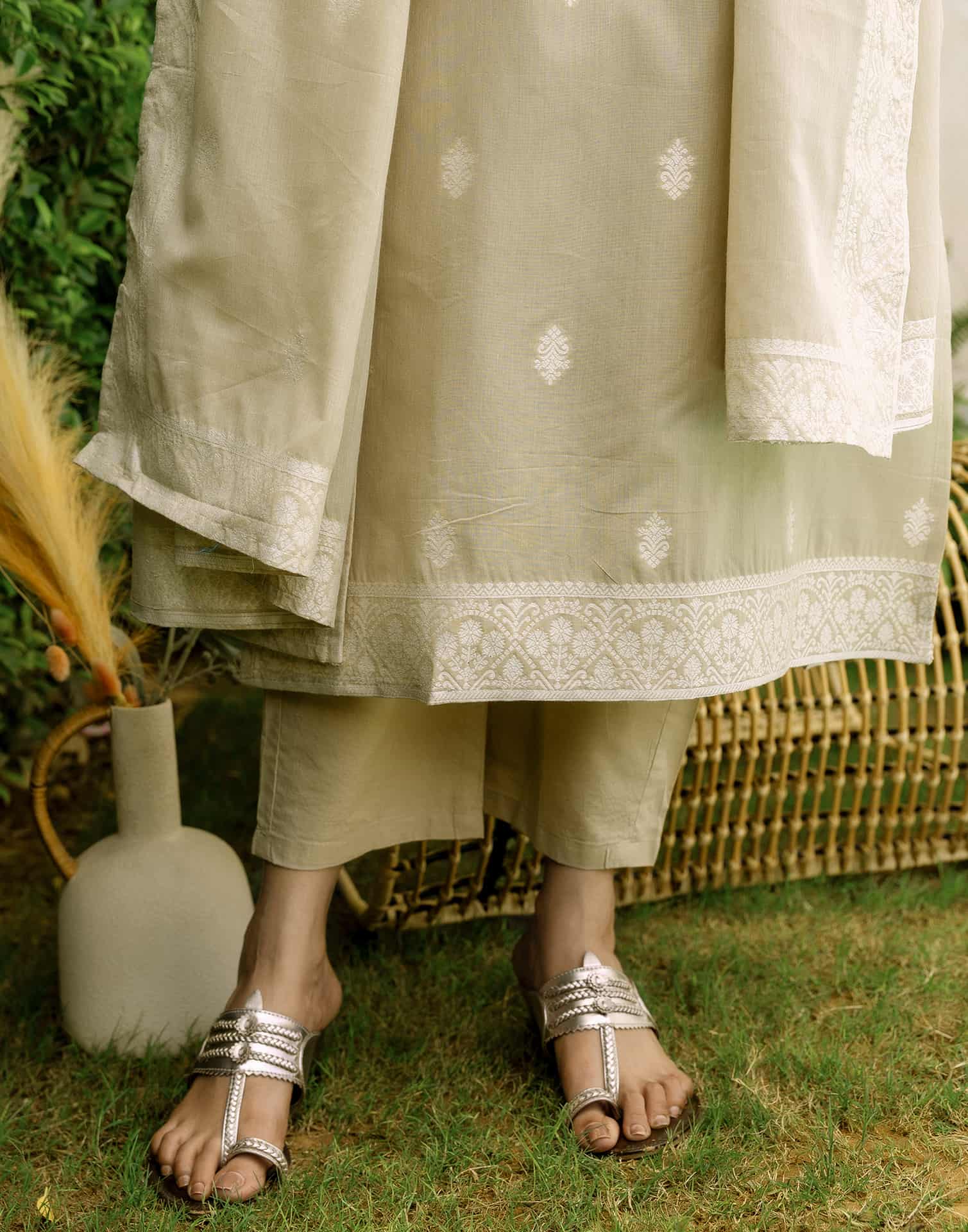 Beige Cotton Woven Straight Kurta Set with Pant & Dupatta under 1250