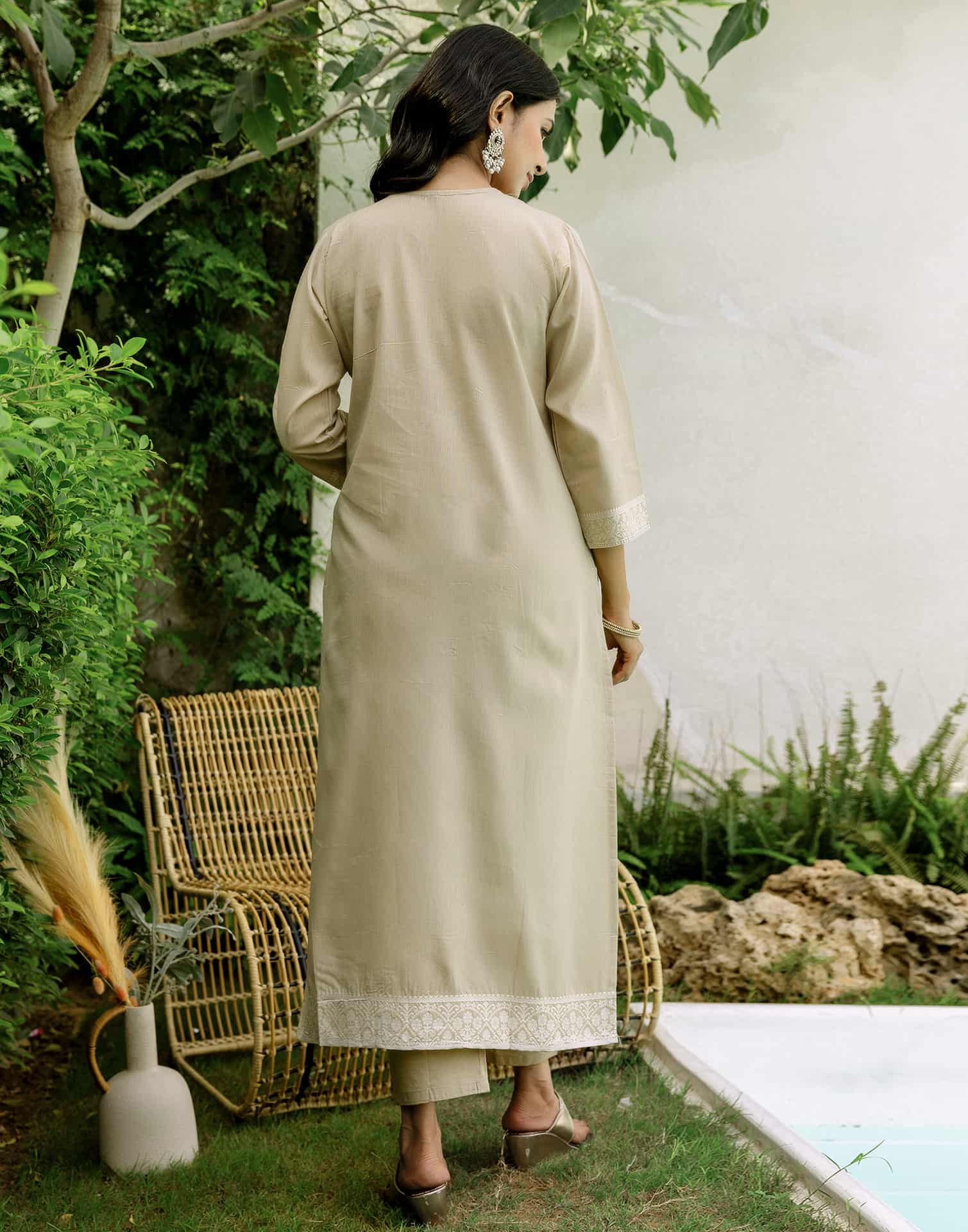 Beige Cotton Woven Straight Kurta Set with Pant & Dupatta under 1250