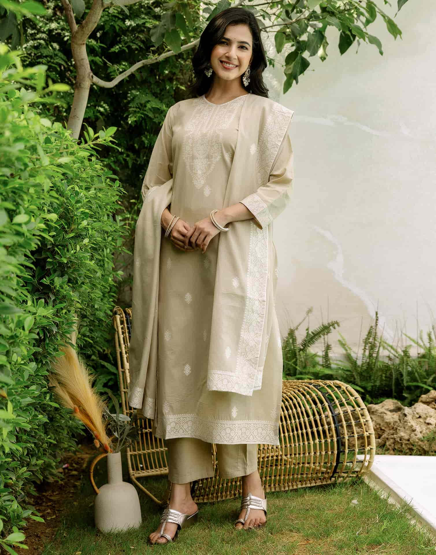 Beige Cotton Woven Straight Kurta Set with Pant & Dupatta under 1250