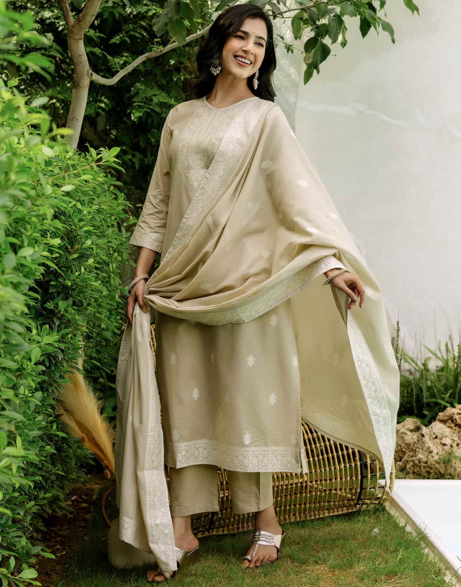 Beige Cotton Woven Straight Kurta Set with Pant & Dupatta under 1250
